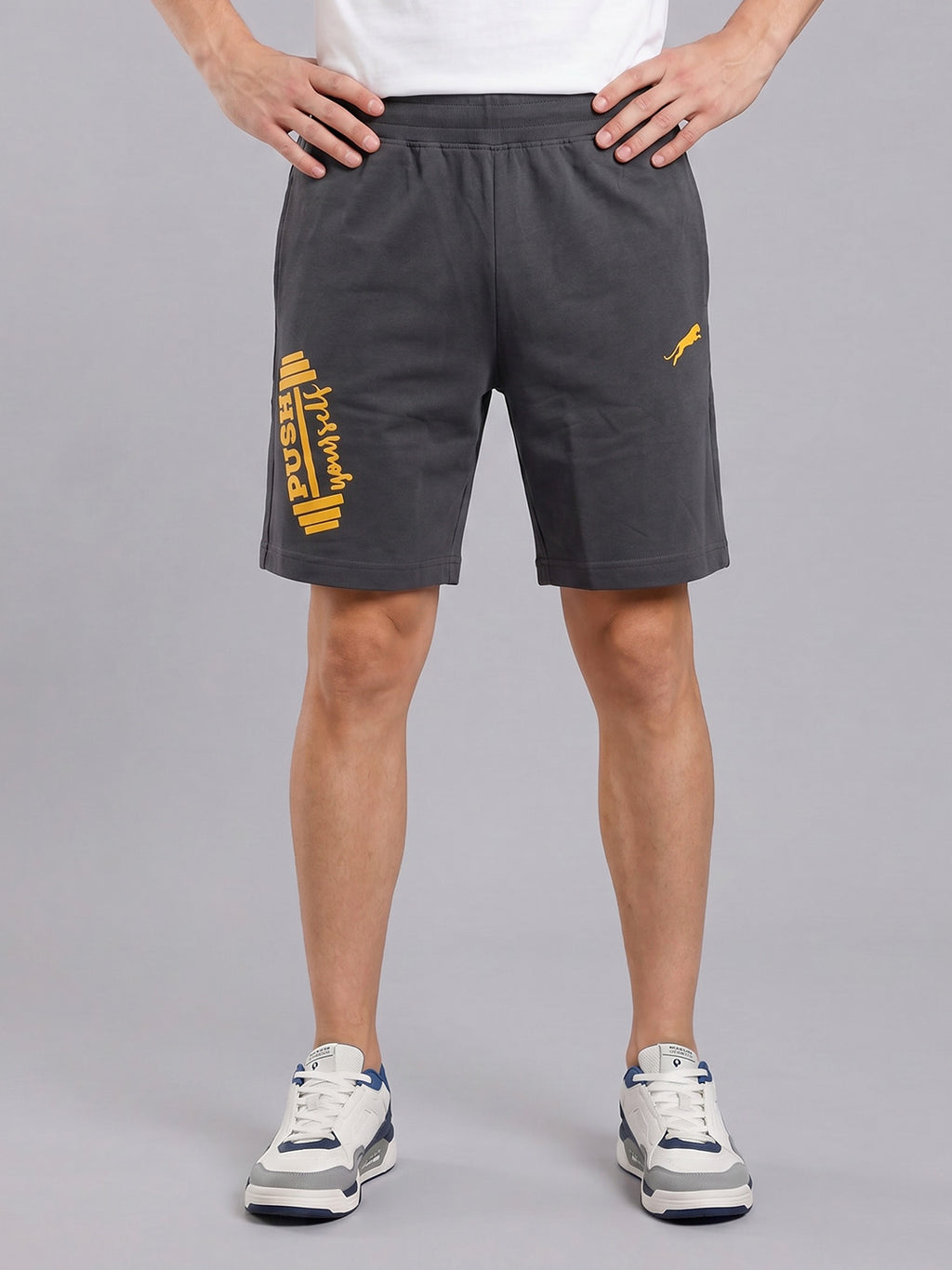 ARDEUR ZEAL IN YOU Men's Steel Grey Regular Fit Push Yourself Dumbbell Typography Shorts