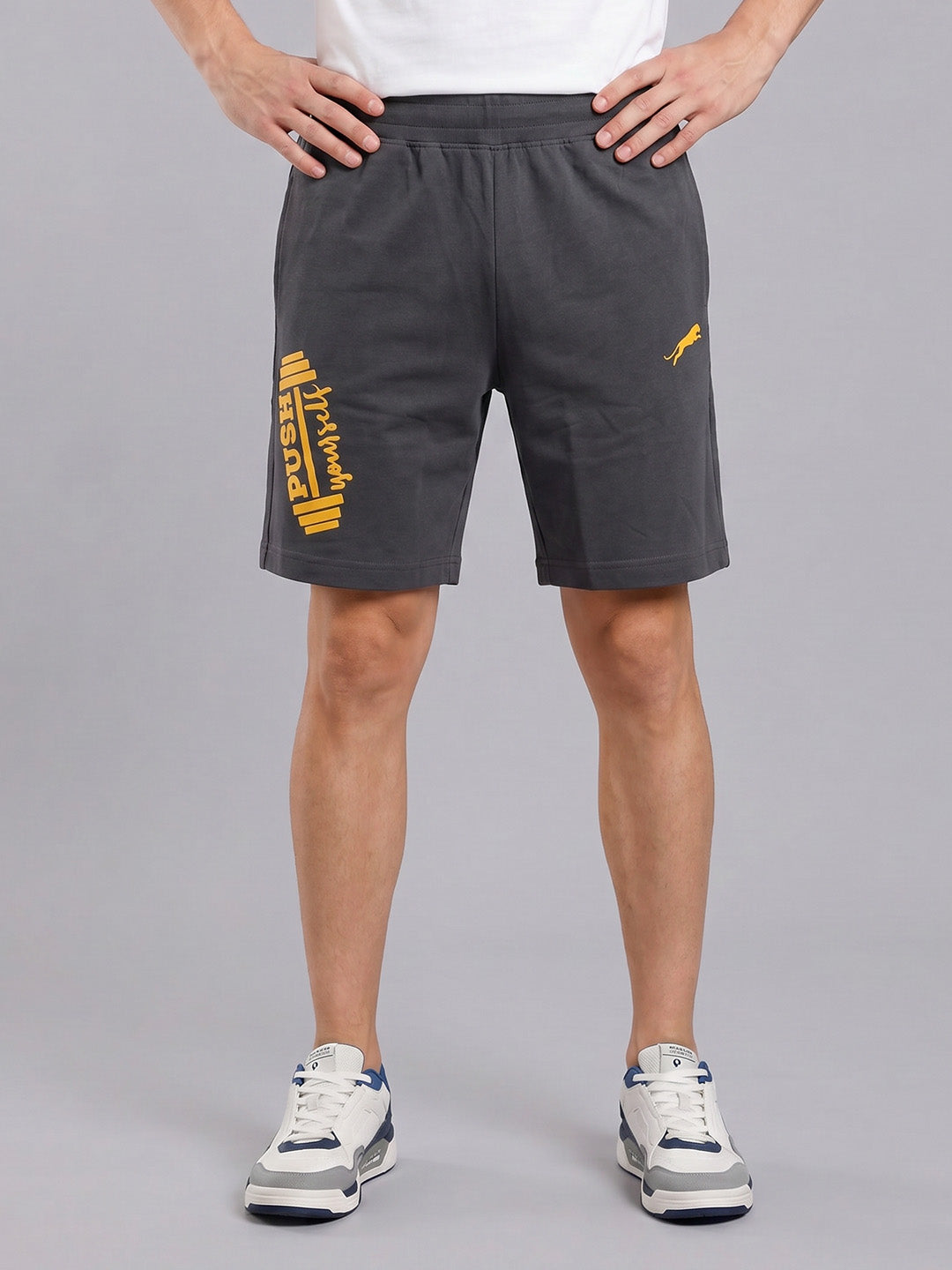 ARDEUR ZEAL IN YOU Men's Steel Grey Regular Fit Push Yourself Dumbbell Typography Shorts