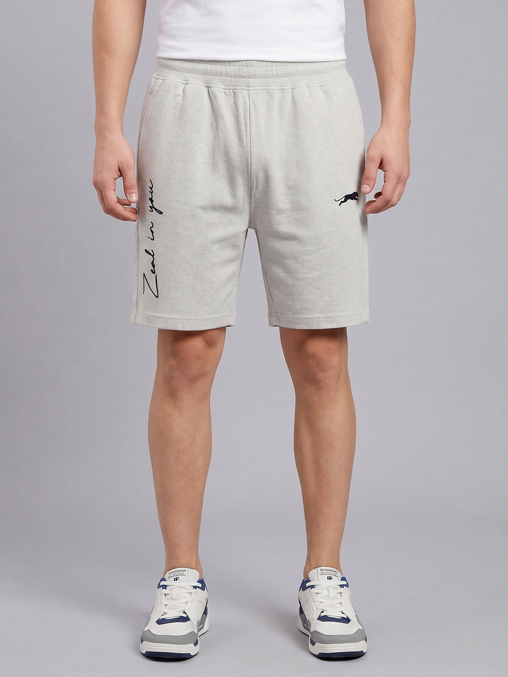 ARDEUR ZEAL IN YOU Men's White Melange Regular Fit Cursive Branding Typography Shorts