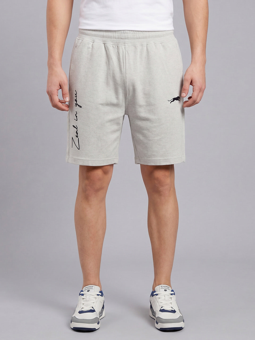 ARDEUR ZEAL IN YOU Men's White Melange Regular Fit Cursive Branding Typography Shorts