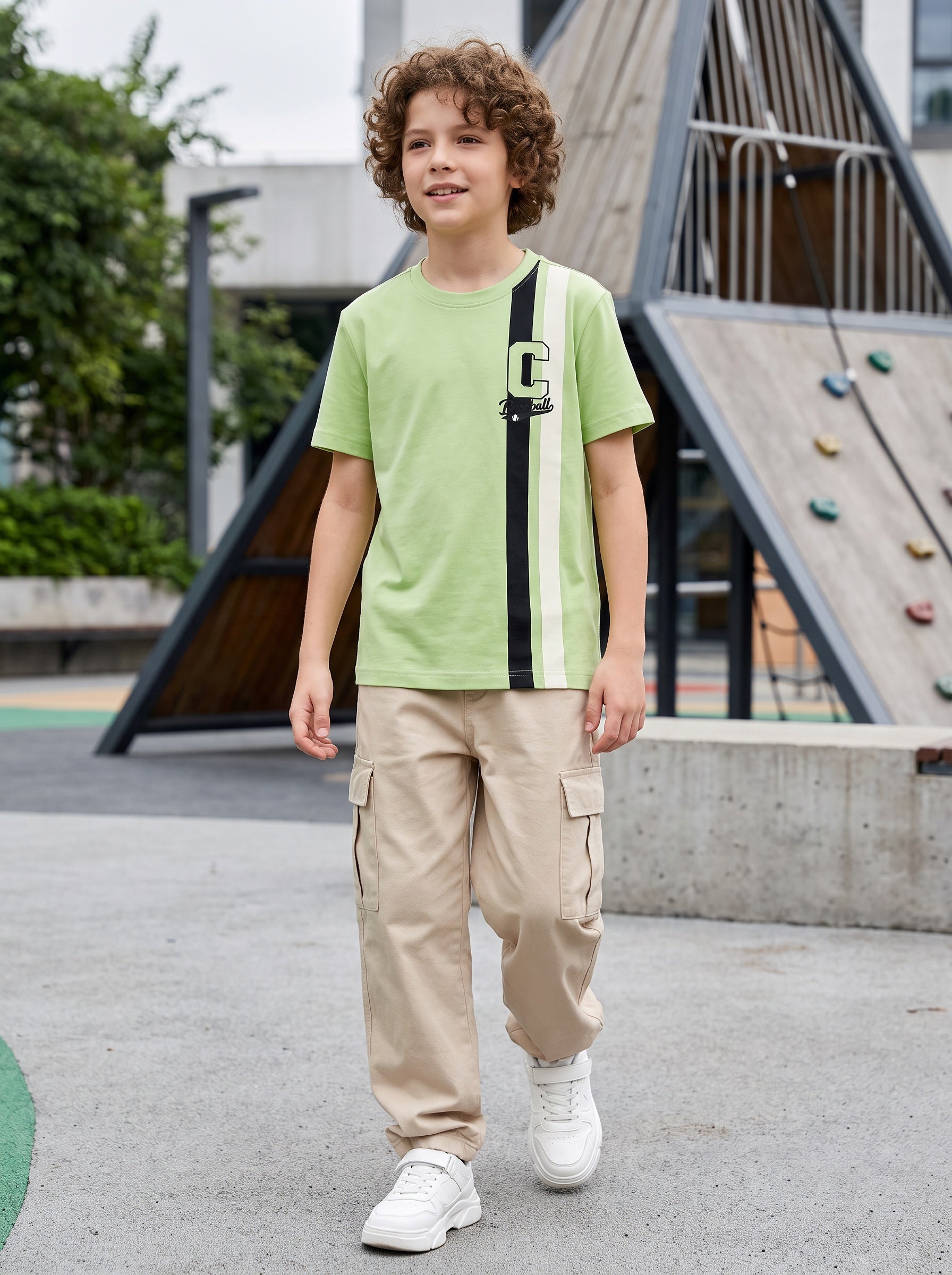 CODEZ Boys Relaxed Fit 100% Cotton Varsity Striped T-Shirt - Green