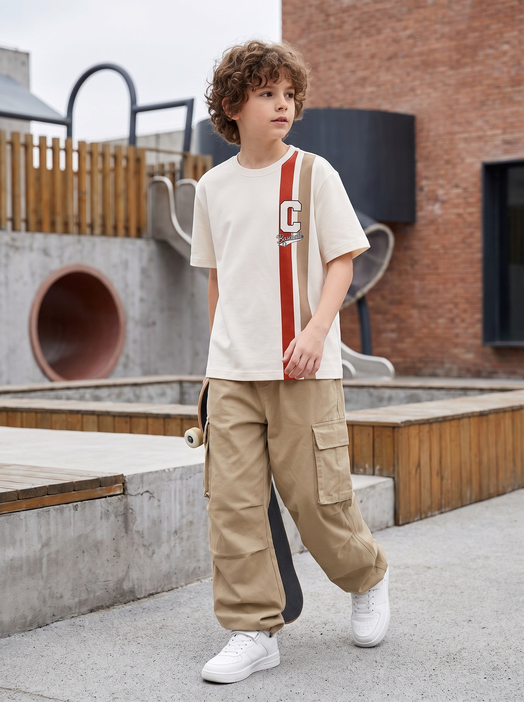 CODEZ Boys Relaxed Fit 100% Cotton Varsity Striped T-Shirt - Offwhite