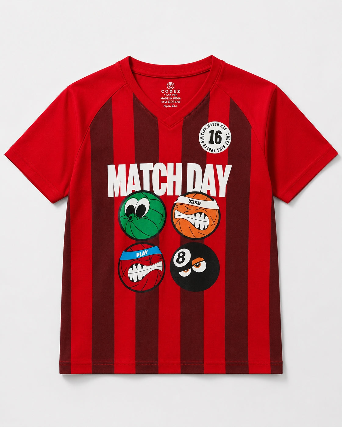 CODEZ Boys Red Relaxed Fit Match Day V Neck Graphic T-Shirt