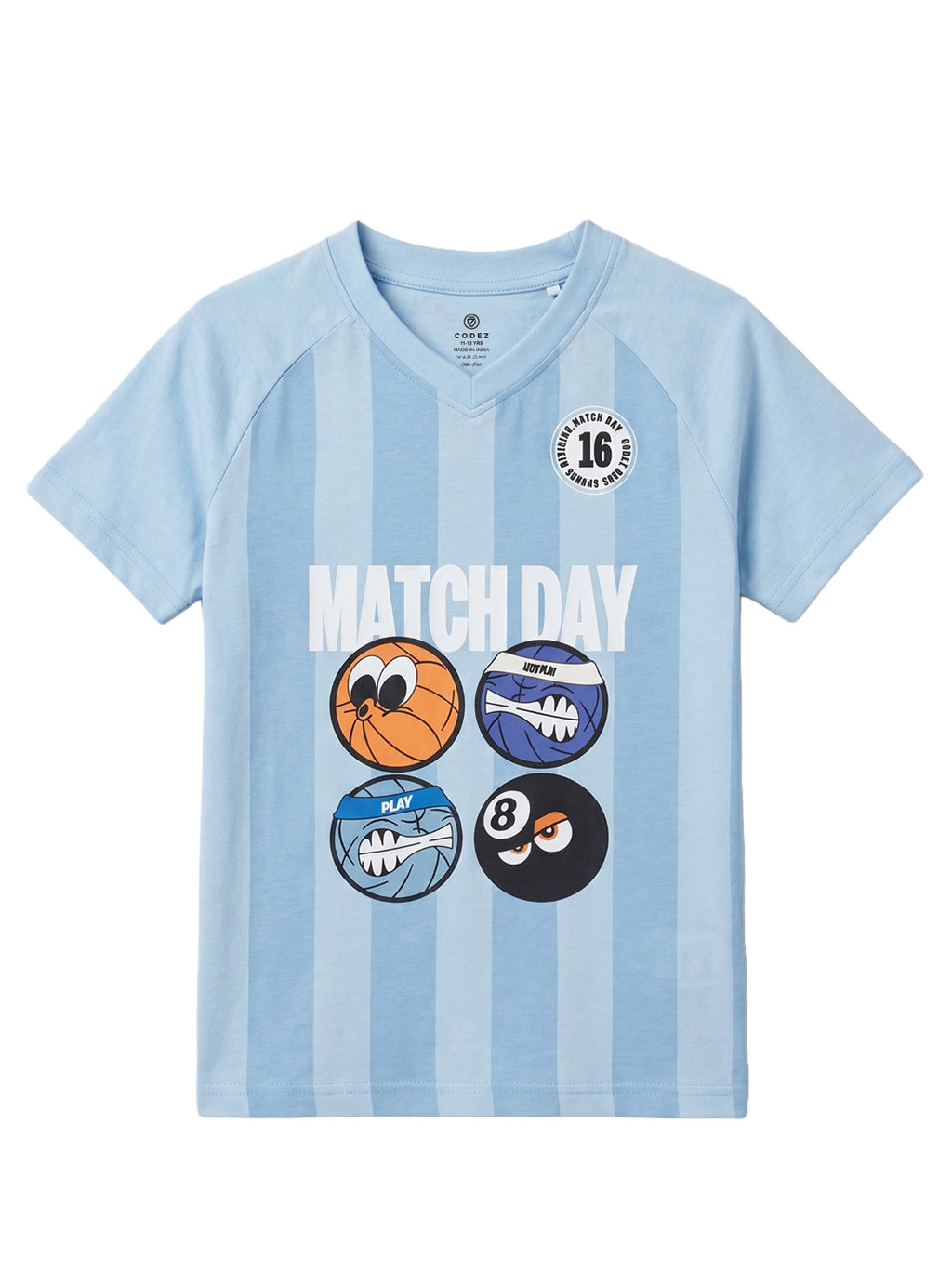 CODEZ Boys Sky Blue Relaxed Fit Match Day V Neck Graphic T-Shirt