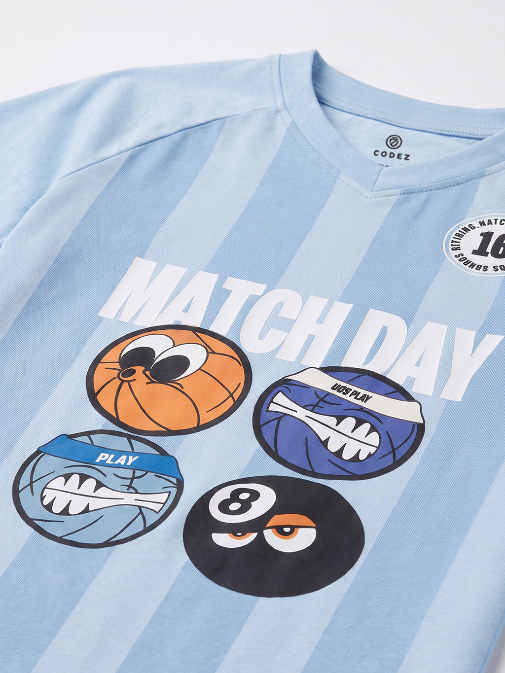 CODEZ Boys Sky Blue Relaxed Fit Match Day V Neck Graphic T-Shirt