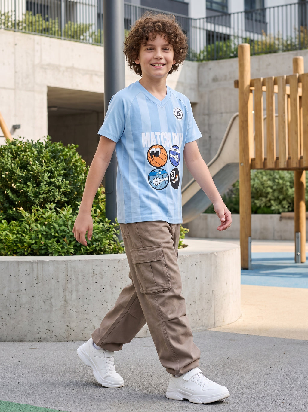 CODEZ Boys Sky Blue Relaxed Fit Match Day V Neck Graphic T-Shirt