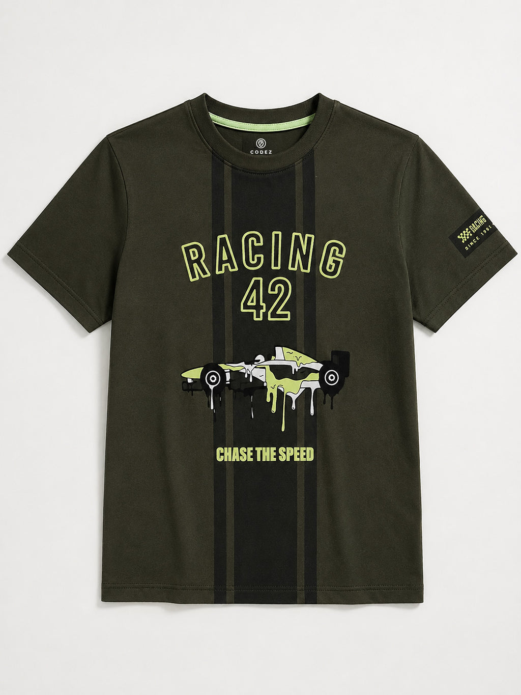 CODEZ Boys Olive Relaxed Fit Racing 42 Round Neck Graphic T-Shirt