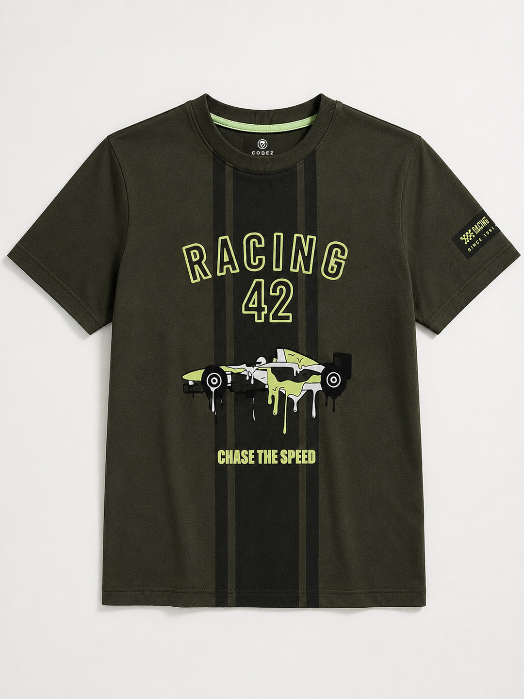 CODEZ Boys Olive Relaxed Fit Racing 42 Round Neck Graphic T-Shirt