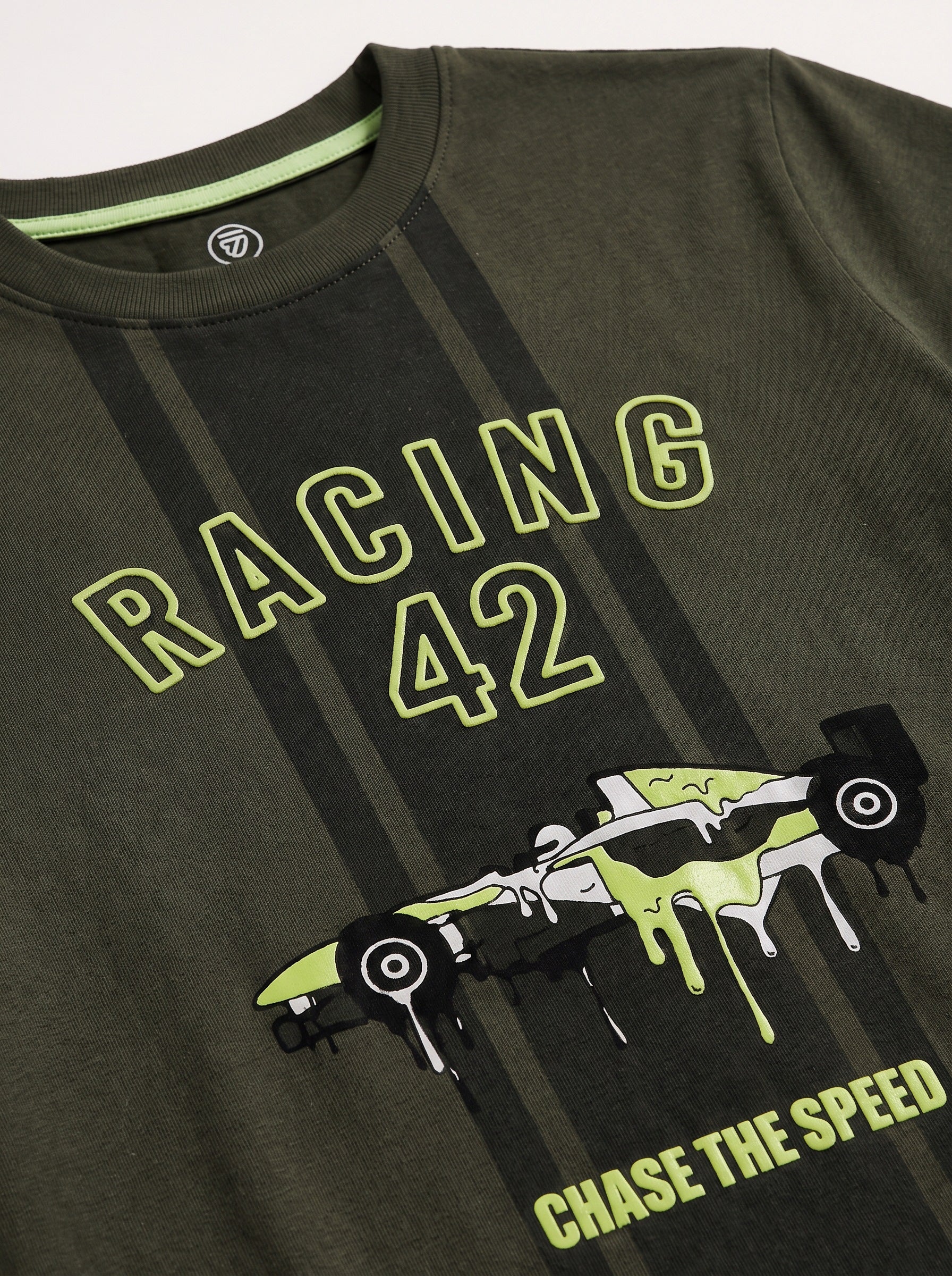 CODEZ Boys Olive Relaxed Fit Racing 42 Round Neck Graphic T-Shirt
