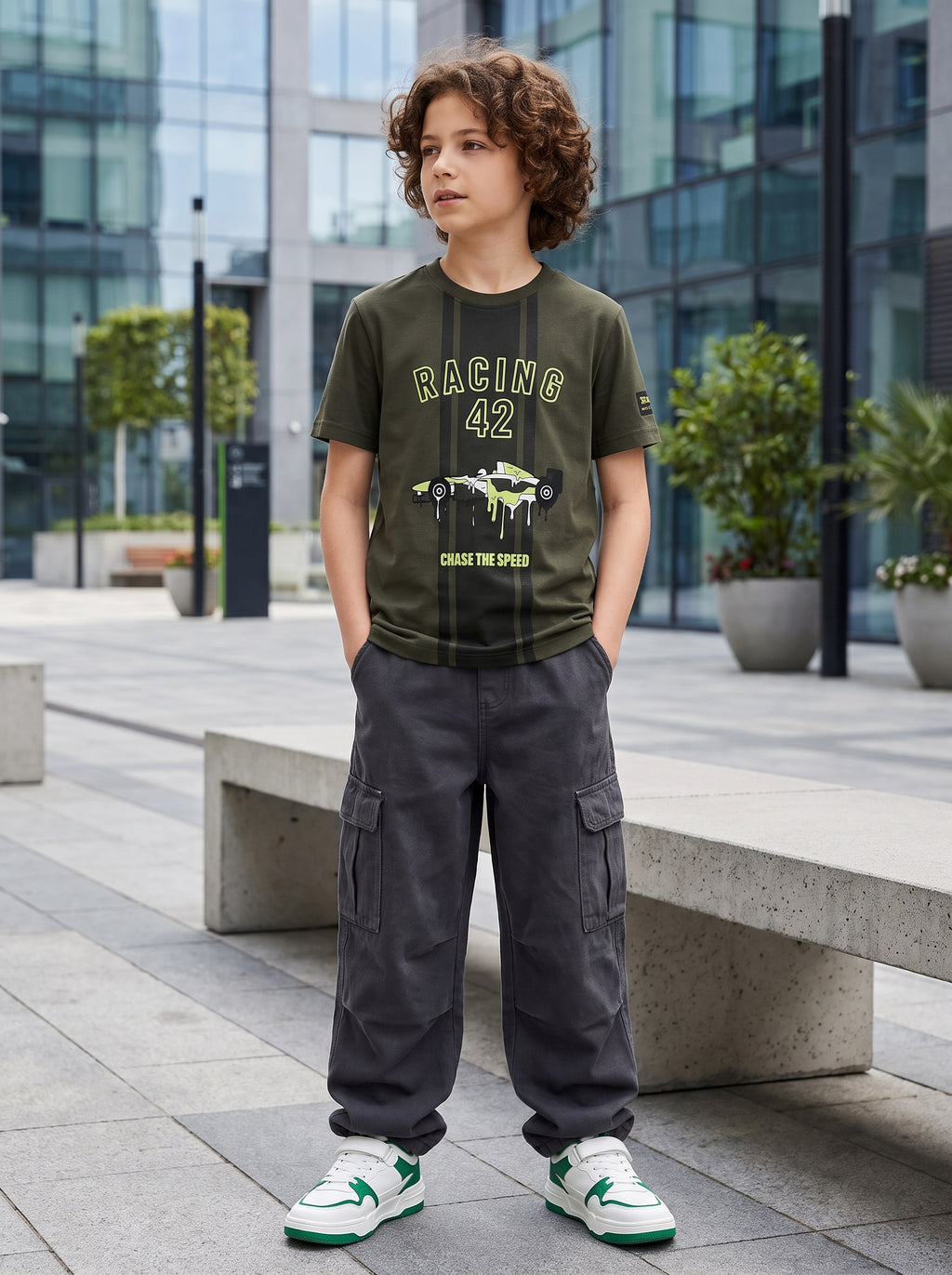 CODEZ Boys Olive Relaxed Fit Racing 42 Round Neck Graphic T-Shirt
