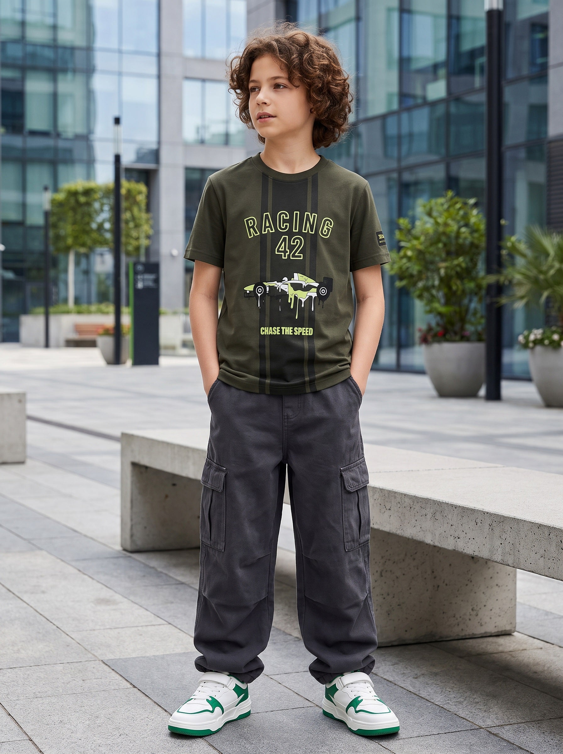 CODEZ Boys Olive Relaxed Fit Racing 42 Round Neck Graphic T-Shirt