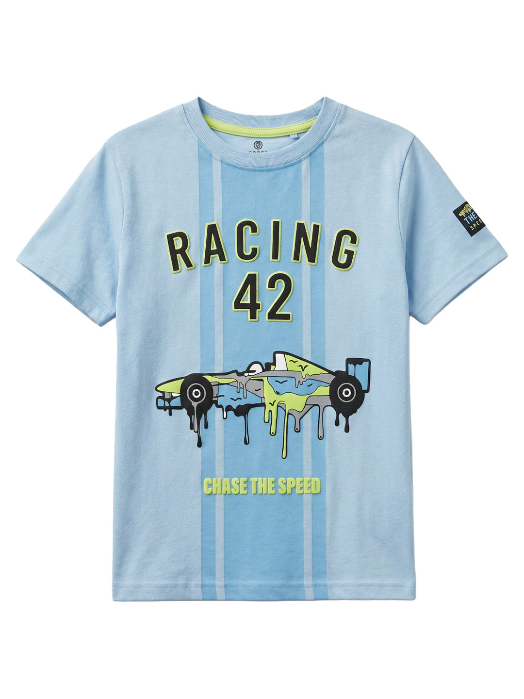 CODEZ Boys Sky Blue Relaxed Fit Racing 42 Round Neck Graphic T-Shirt