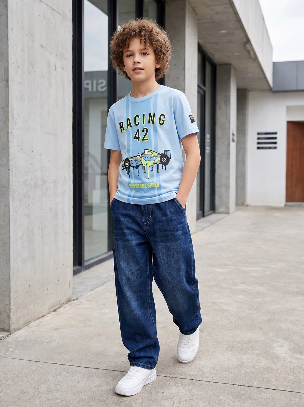 CODEZ Boys Sky Blue Relaxed Fit Racing 42 Round Neck Graphic T-Shirt