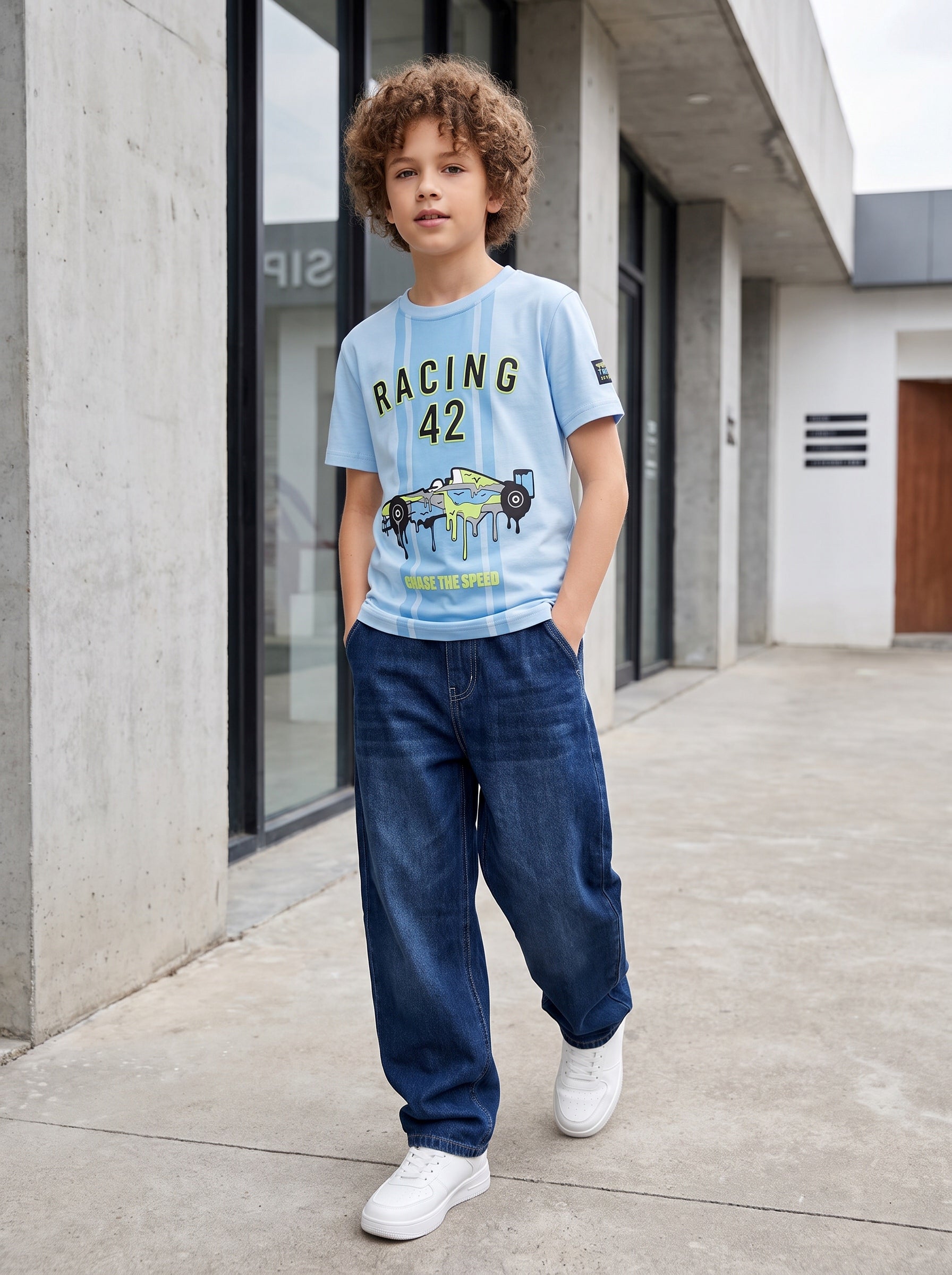CODEZ Boys Sky Blue Relaxed Fit Racing 42 Round Neck Graphic T-Shirt
