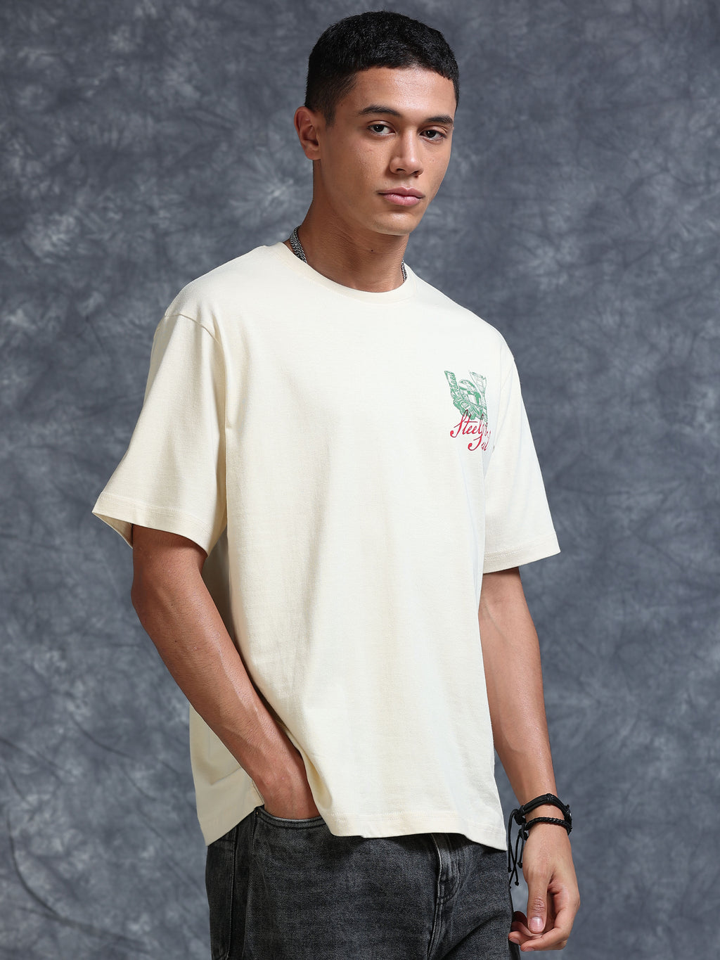 ARDEUR Men's Relaxed Fit 100% Cotton Graphic Printed T-Shirt - Bone White
