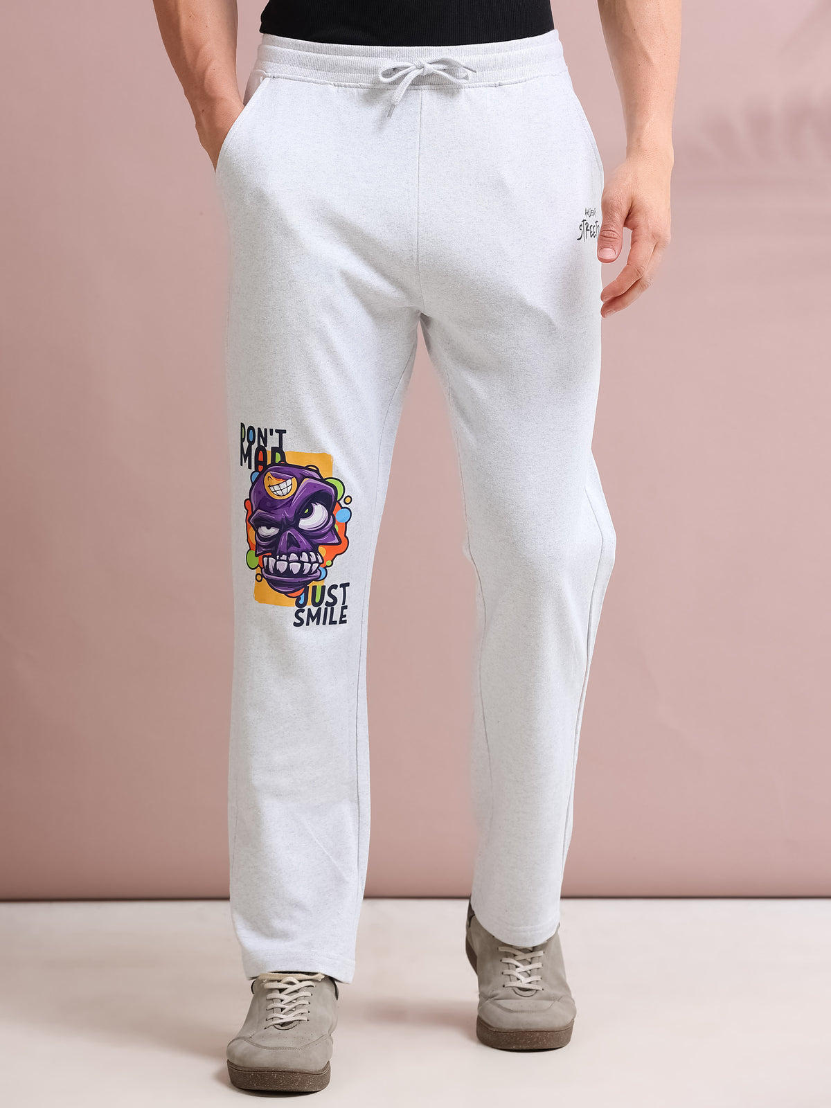 ARDEUR STREETZ Men's Relaxed Fit TypographyTrack Pants - White Melange