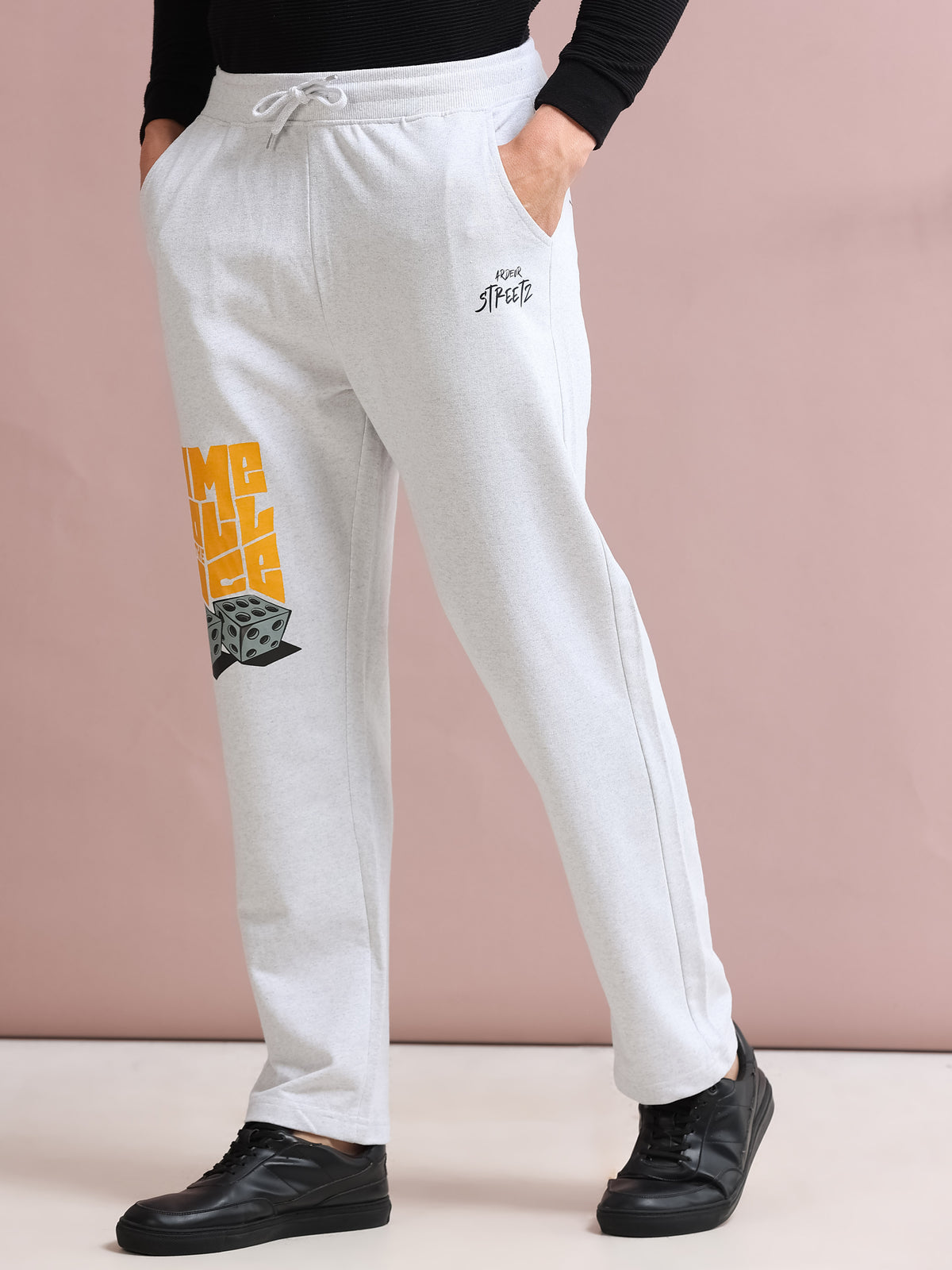 ARDEUR STREETZ Men's Relaxed Fit Self DesignsTrack Pants - White Melange