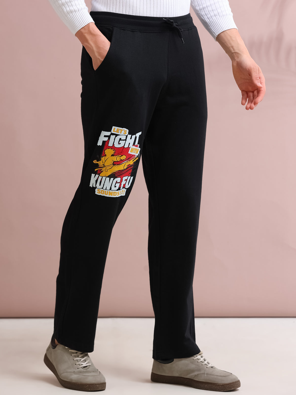 ARDEUR STREETZ Men's Relaxed Fit Cotton Blended Track Pants - Black