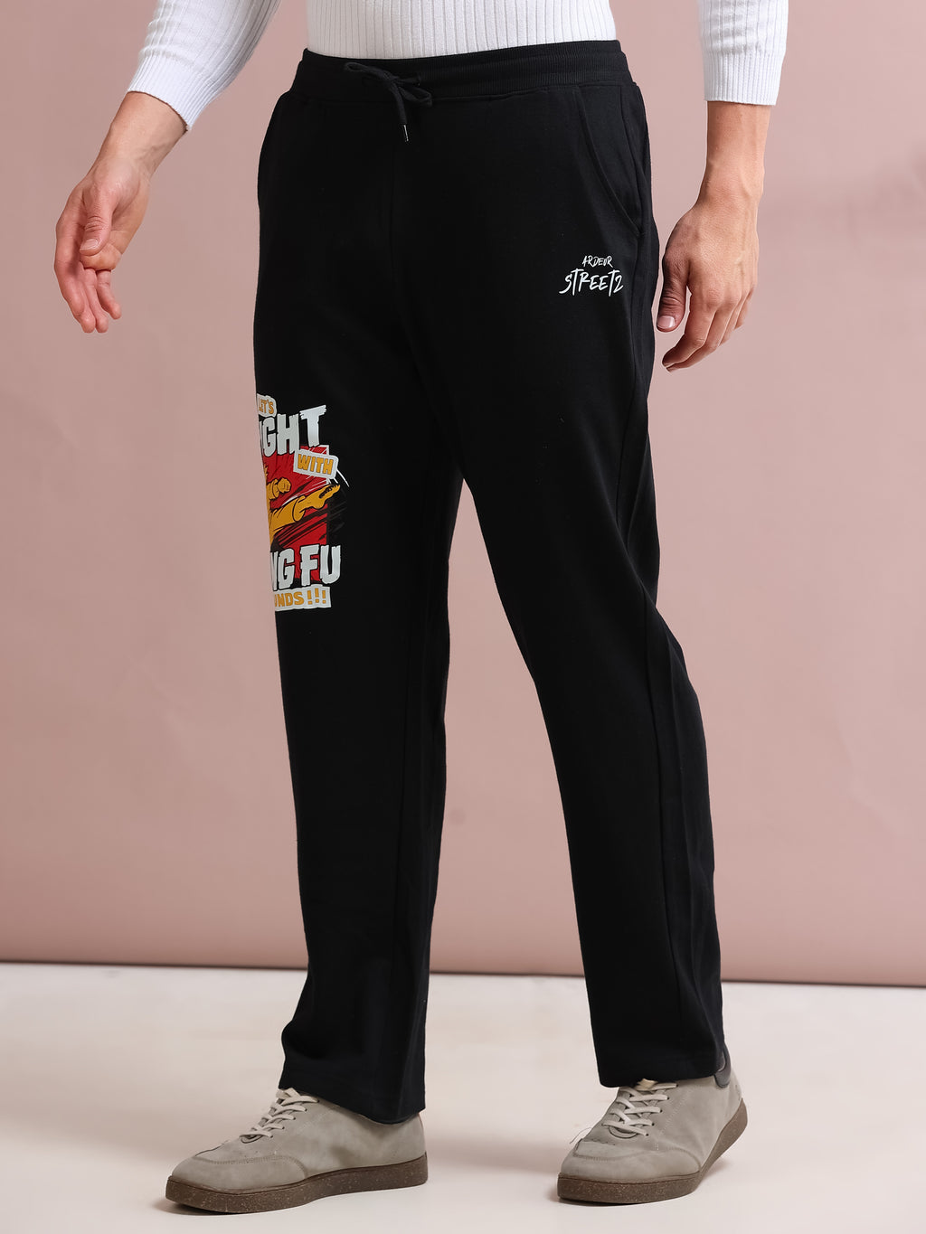 ARDEUR STREETZ Men's Relaxed Fit Cotton Blended Track Pants - Black