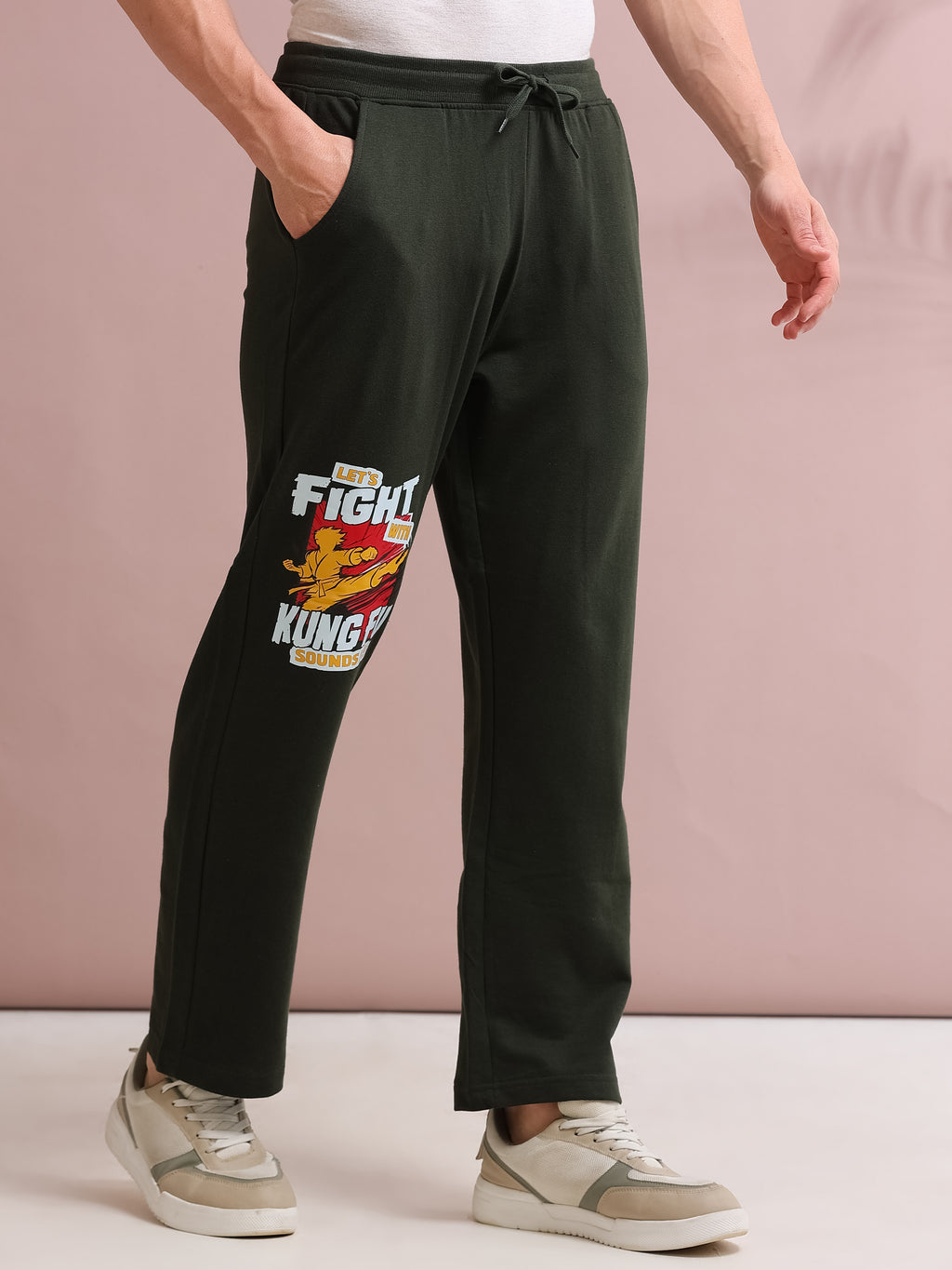 ARDEUR STREETZ Men's Relaxed Fit Cotton Blended Track Pants - Olive