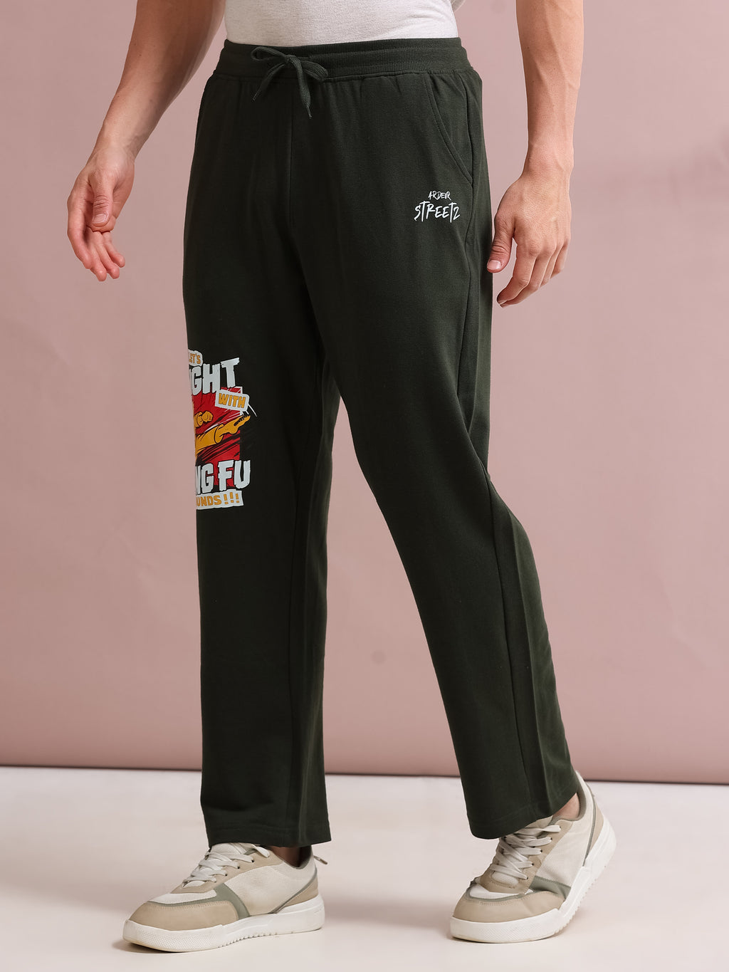 ARDEUR STREETZ Men's Relaxed Fit Cotton Blended Track Pants - Olive