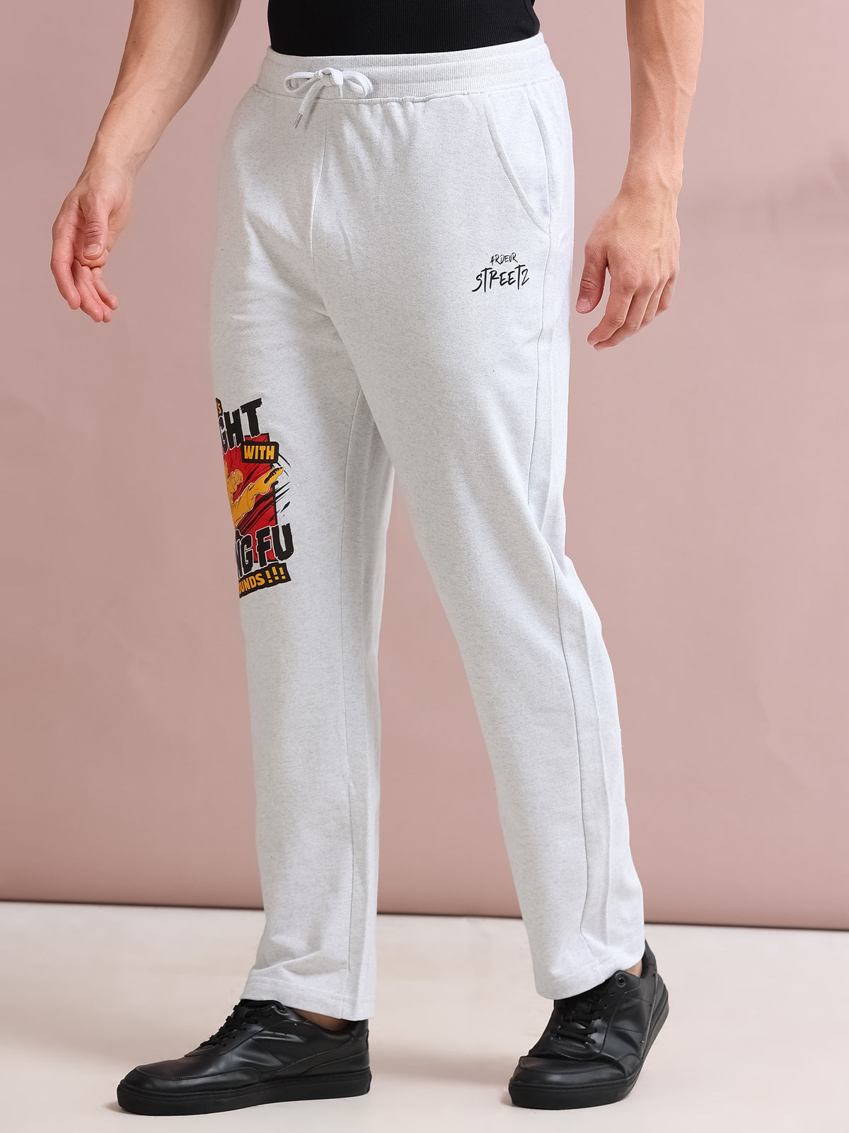 ARDEUR STREETZ Men's Relaxed Fit Cotton Blended Track Pants - White Melange