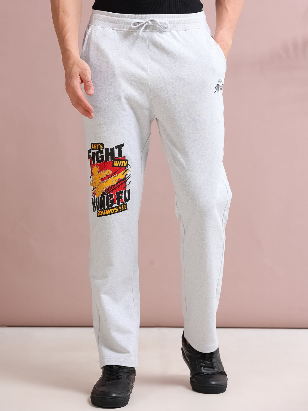 ARDEUR STREETZ Men's Relaxed Fit Cotton Blended Track Pants - White Melange