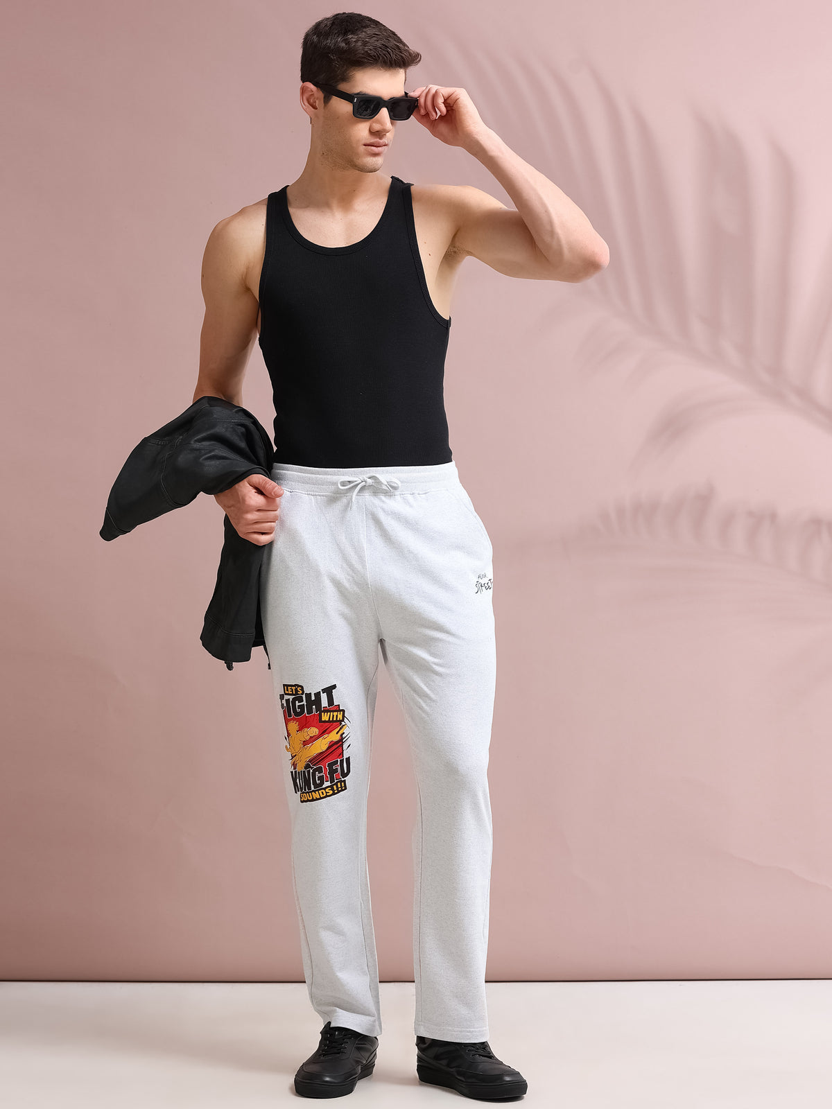 ARDEUR STREETZ Men's Relaxed Fit Cotton Blended Track Pants - White Melange