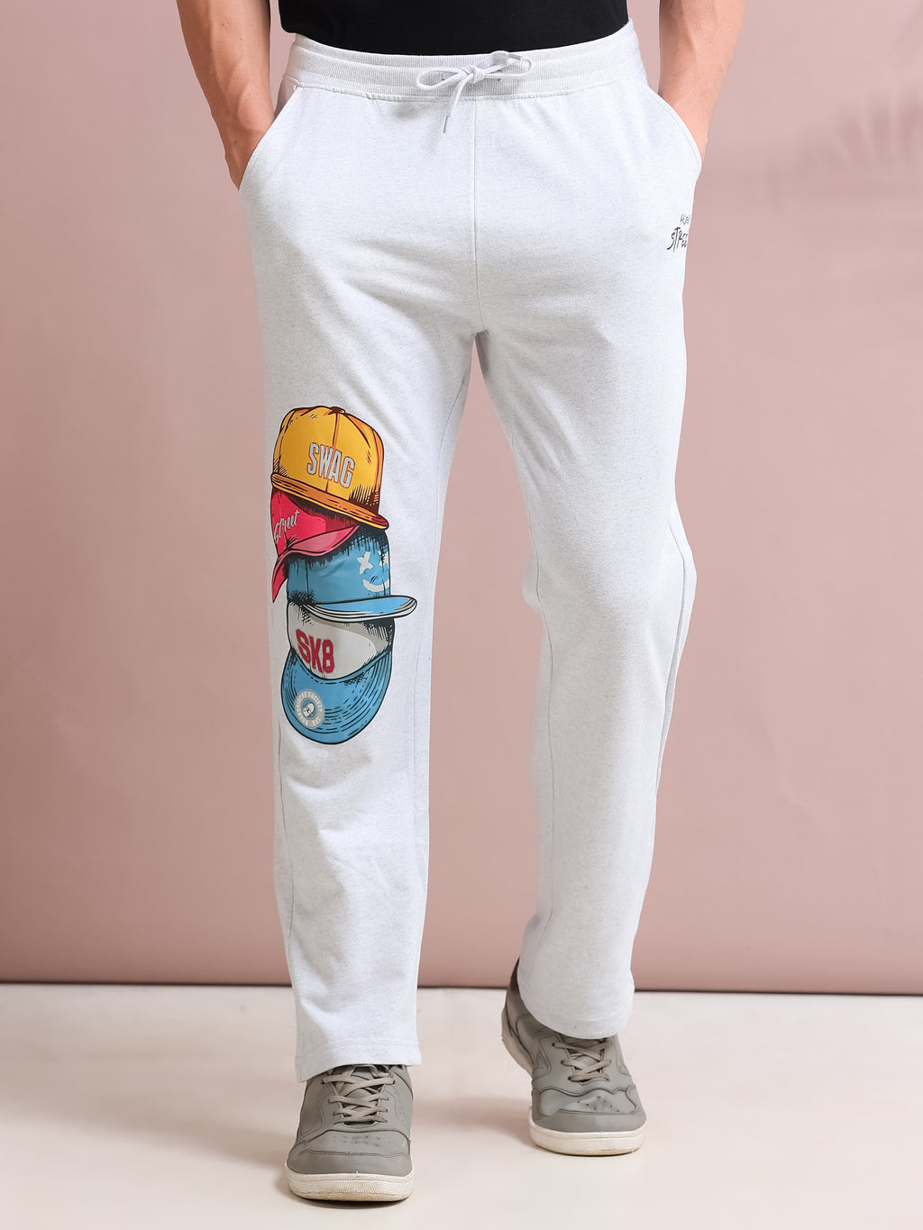ARDEUR STREETZ Men's Relaxed Fit Printed Track Pants - White Melange
