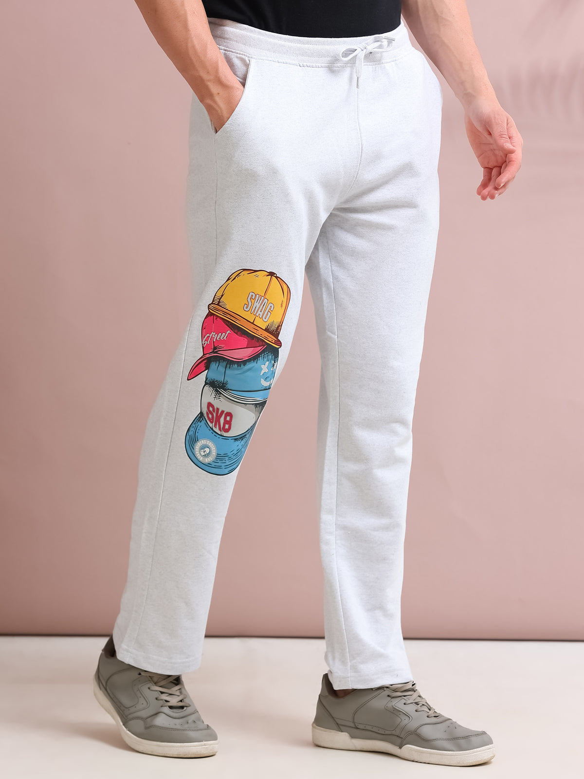 ARDEUR STREETZ Men's Relaxed Fit Printed Track Pants - White Melange