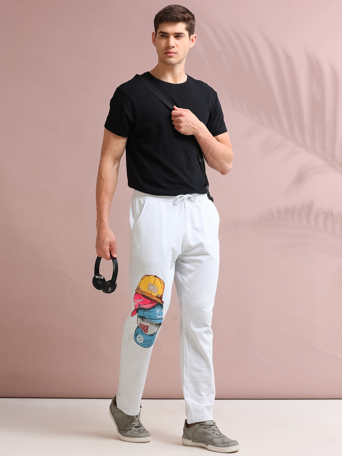 ARDEUR STREETZ Men's Relaxed Fit Printed Track Pants - White Melange