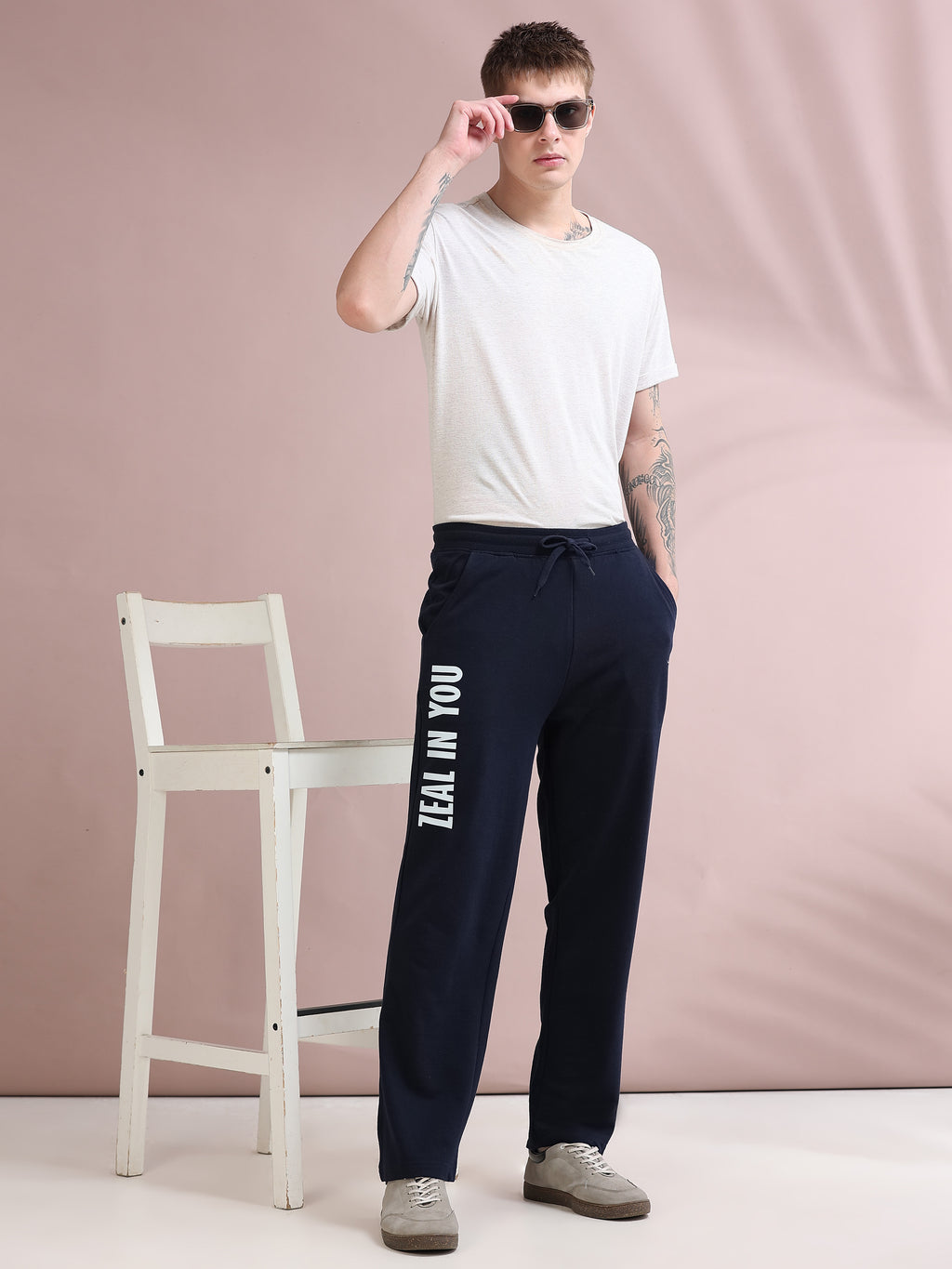 ARDEUR ZEAL IN YOU Men's Relaxed Fit Cotton Blended Track Pants - Navy