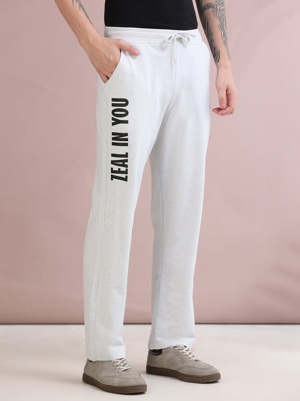 ARDEUR ZEAL IN YOU Men's Relaxed Fit Cotton Blended Track Pants - White Melange