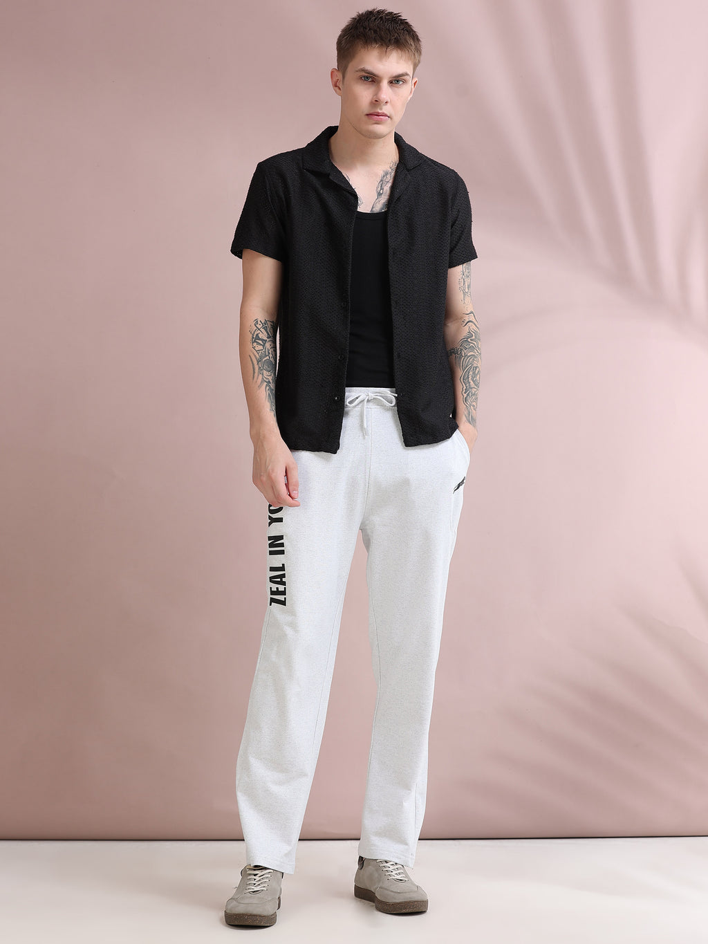 ARDEUR ZEAL IN YOU Men's Relaxed Fit Cotton Blended Track Pants - White Melange
