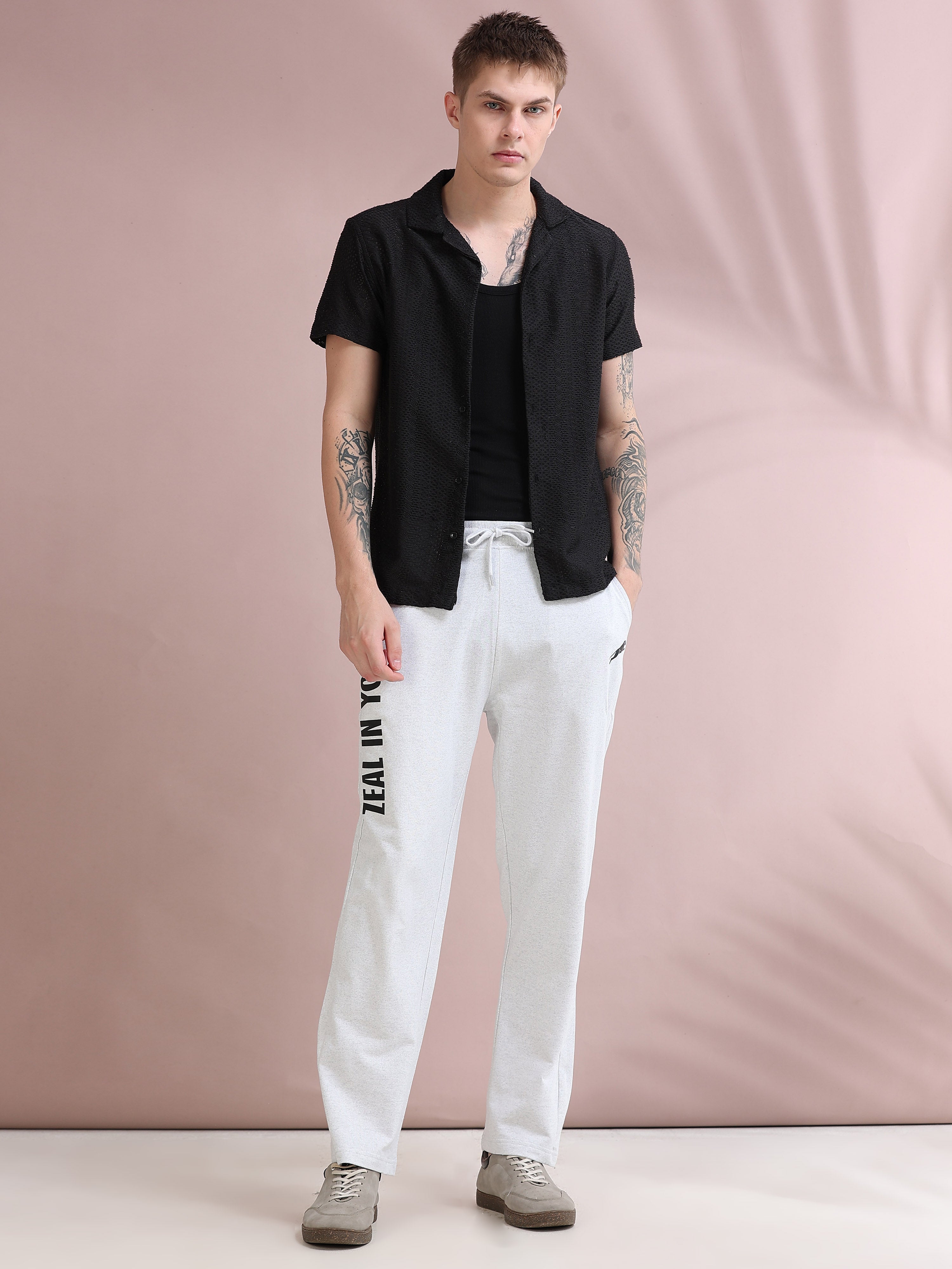 ARDEUR ZEAL IN YOU Men's Relaxed Fit Cotton Blended Track Pants - White Melange