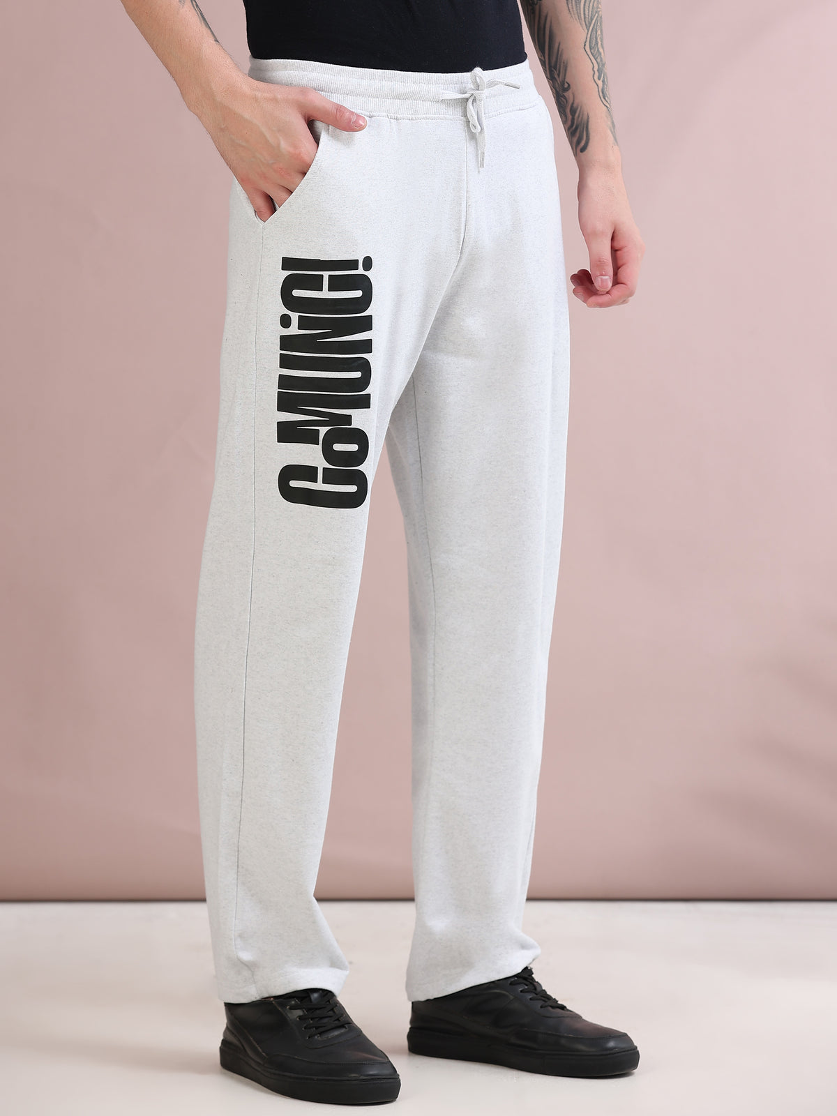 ARDEUR ZEAL IN YOU Men's Relaxed Fit TypographyTrack Pants - White Melange