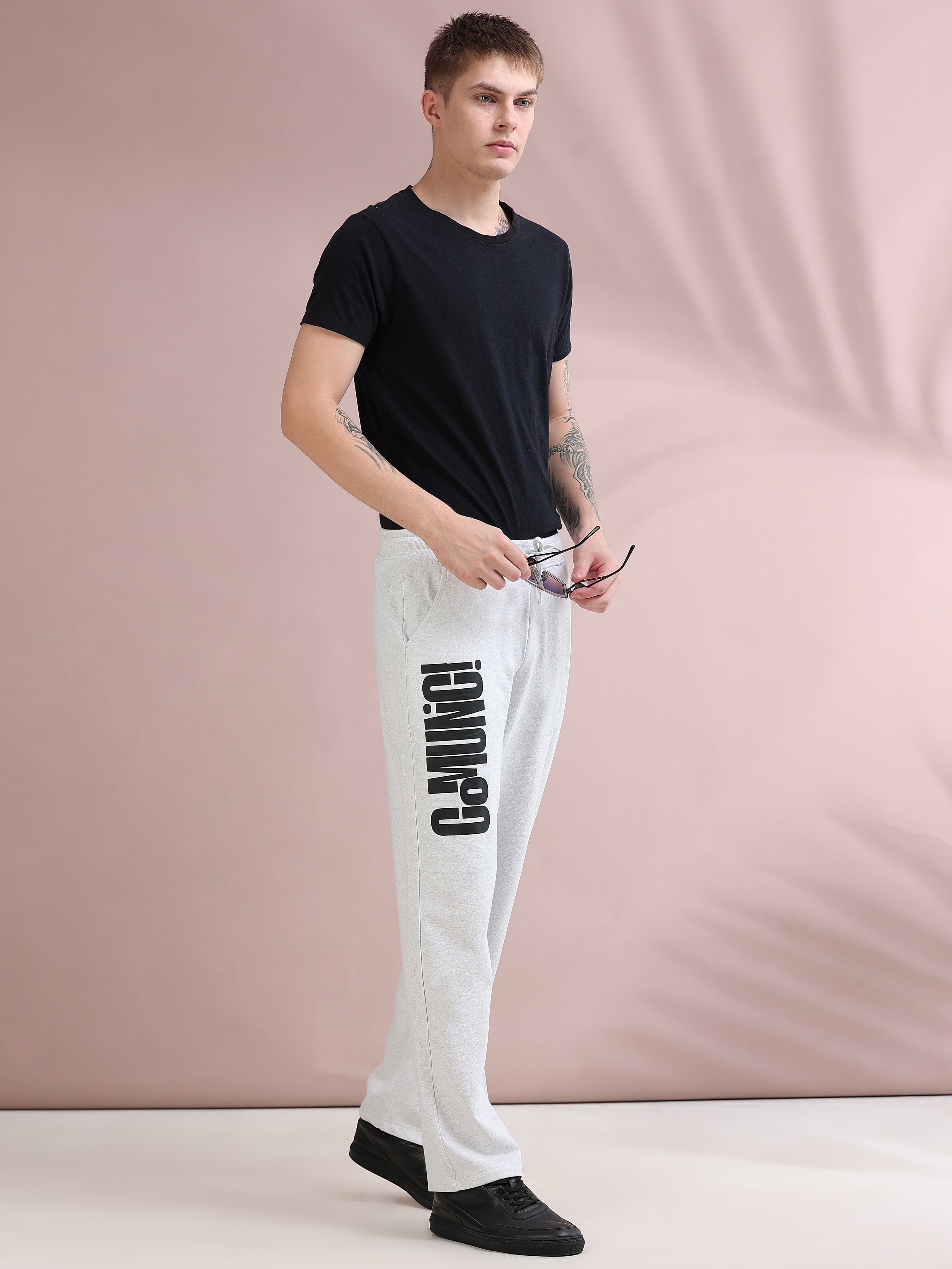 ARDEUR ZEAL IN YOU Men's Relaxed Fit TypographyTrack Pants - White Melange