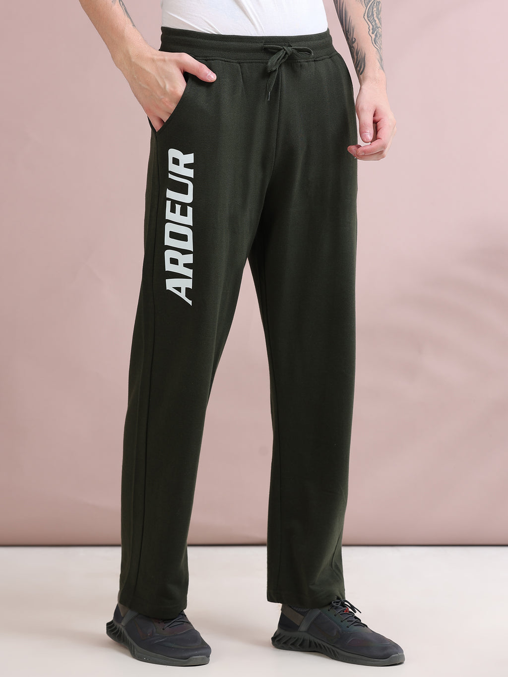 ARDEUR ZEAL IN YOU Men's Relaxed Fit Printed Cotton Blended Track Pants - Olive