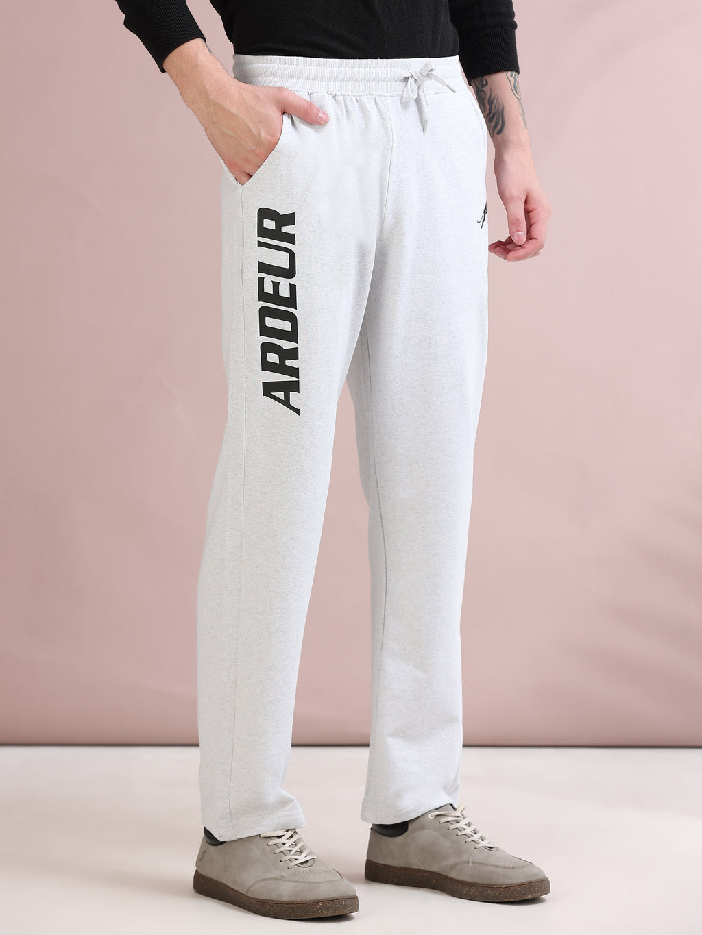 ARDEUR ZEAL IN YOU Men's Relaxed Fit Printed Cotton Blended Track Pants - White Melange