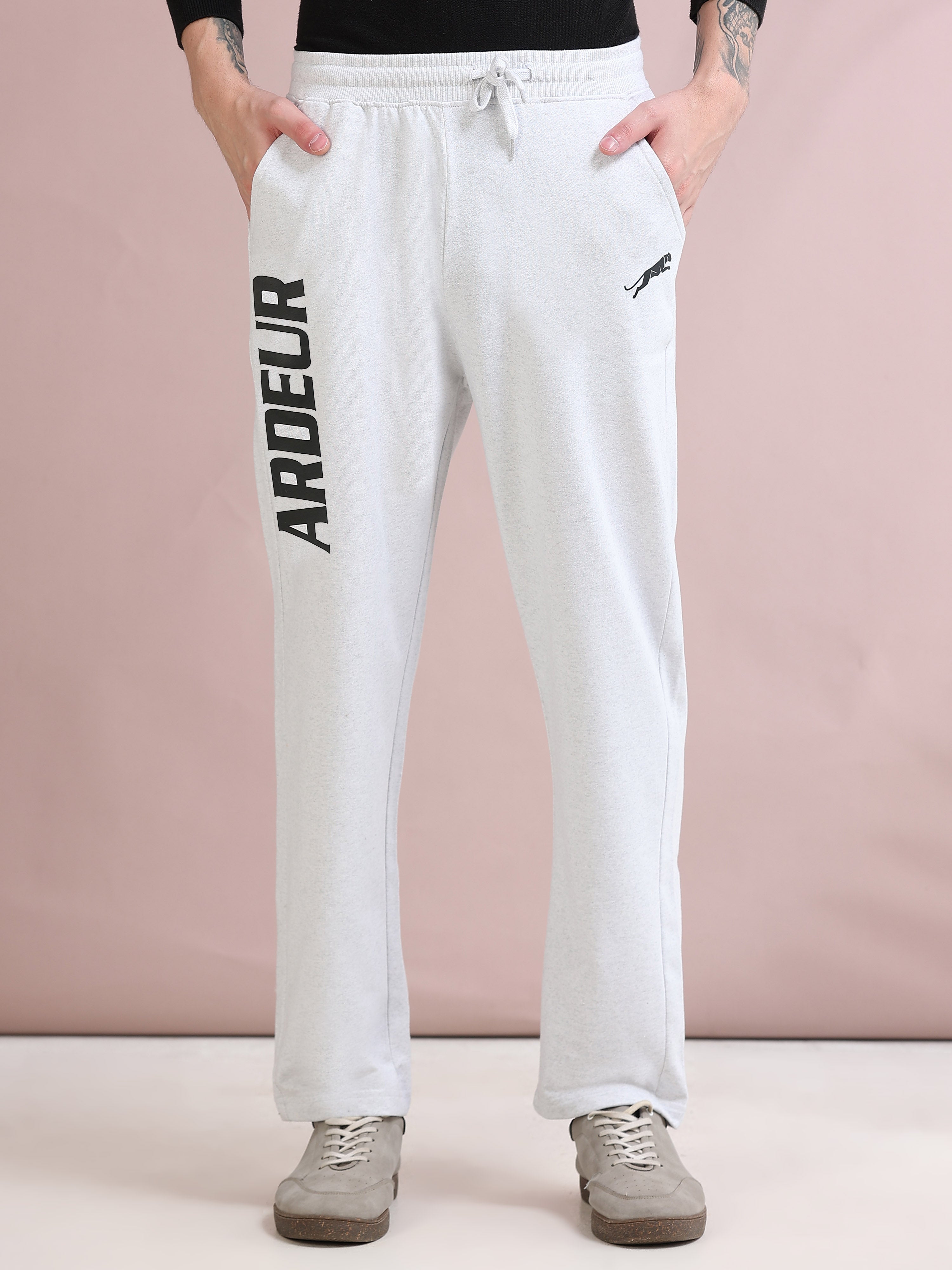 ARDEUR ZEAL IN YOU Men's Relaxed Fit Printed Cotton Blended Track Pants - White Melange