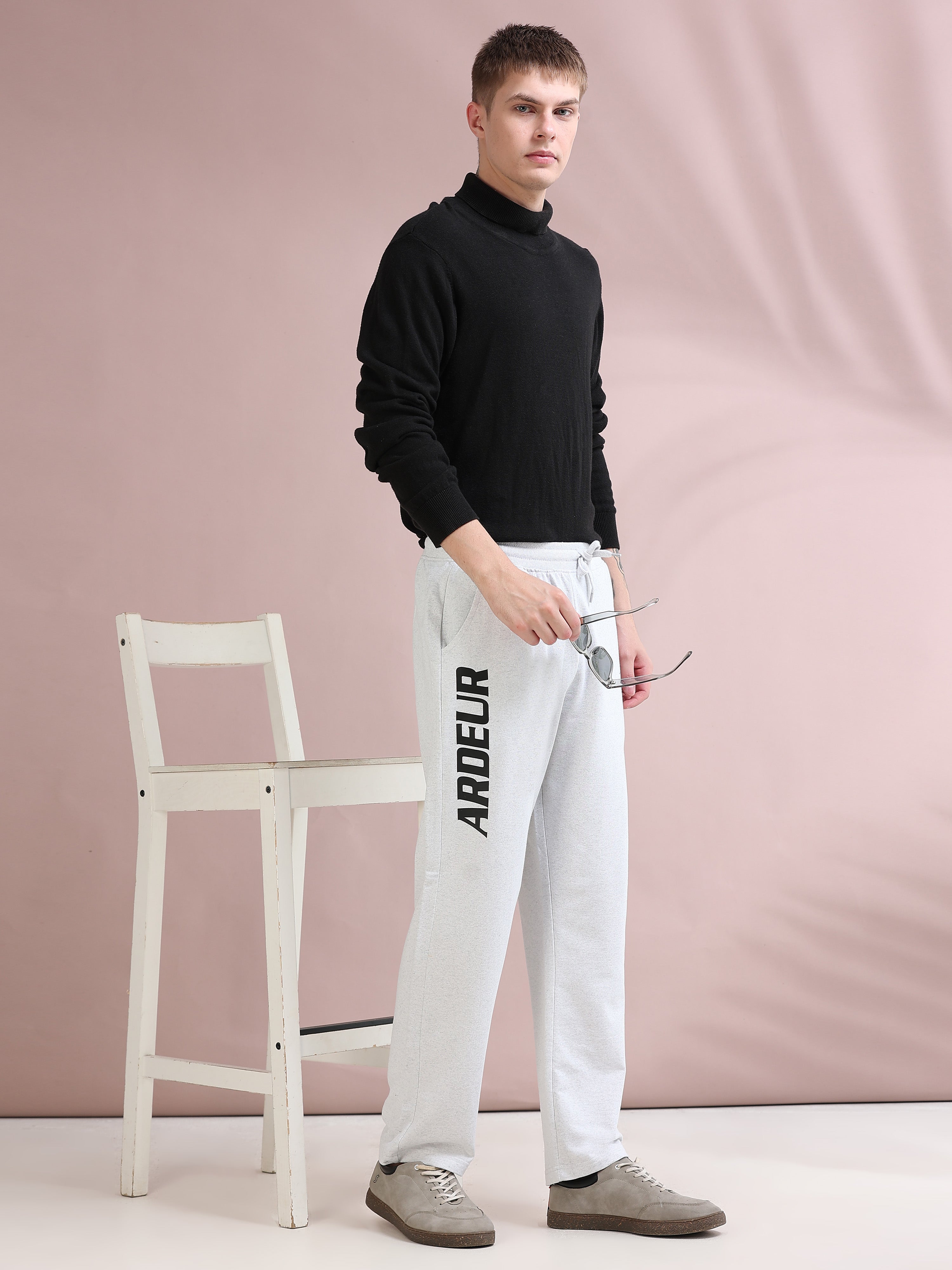 ARDEUR ZEAL IN YOU Men's Relaxed Fit Printed Cotton Blended Track Pants - White Melange