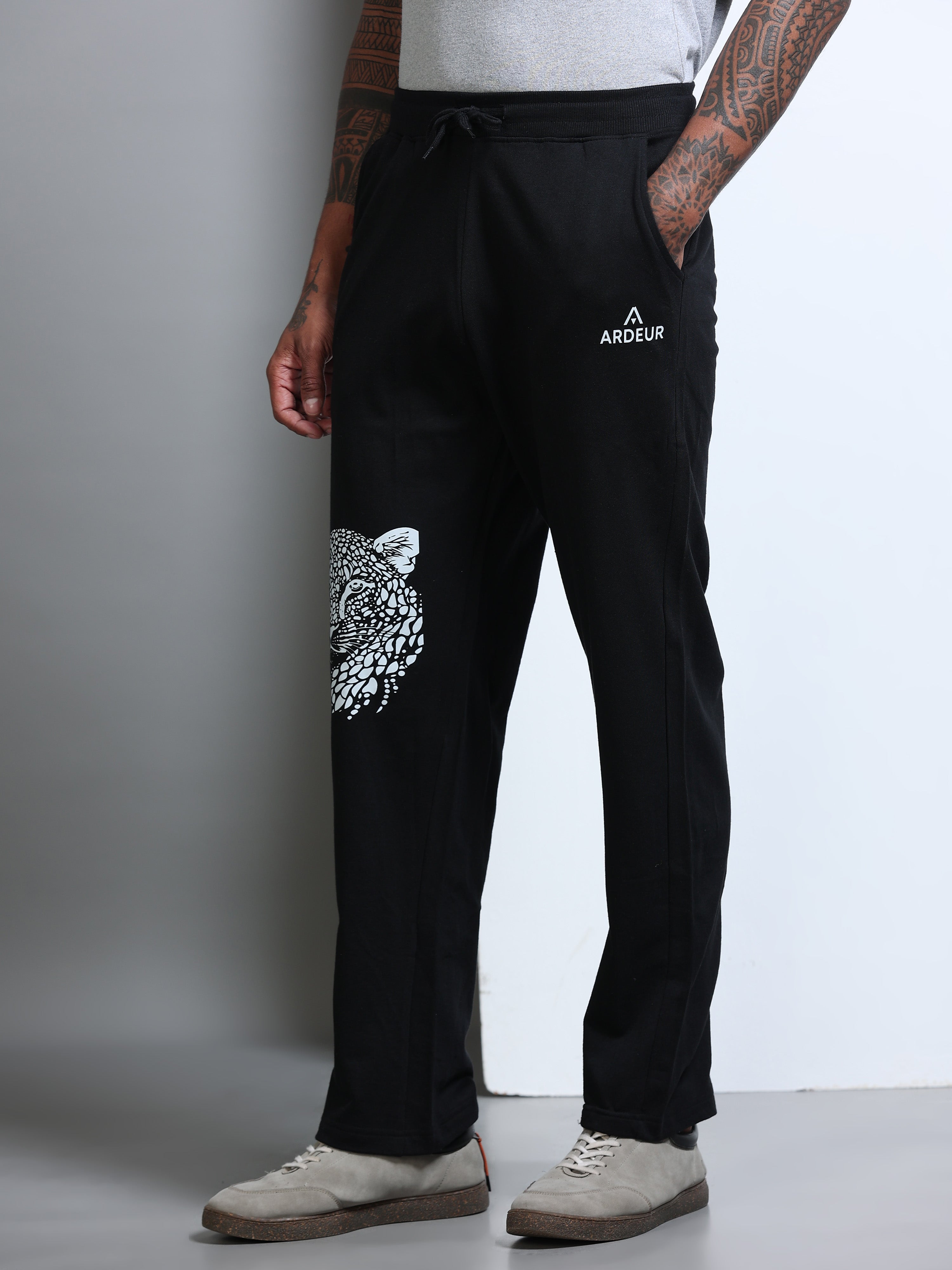 ARDEUR Men's Relaxed Fit Printed Track Pants - Black