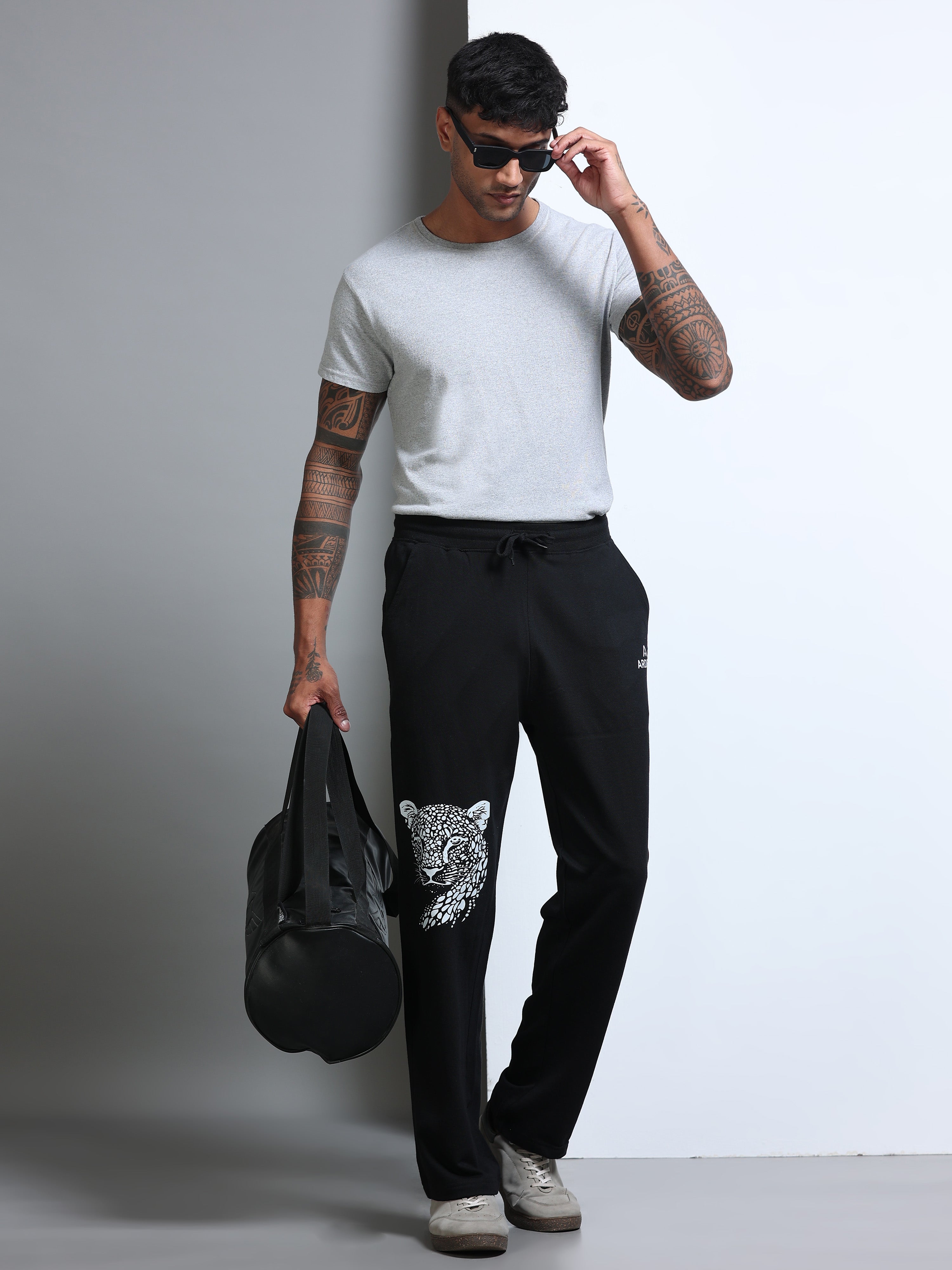 ARDEUR Men's Relaxed Fit Printed Track Pants - Black