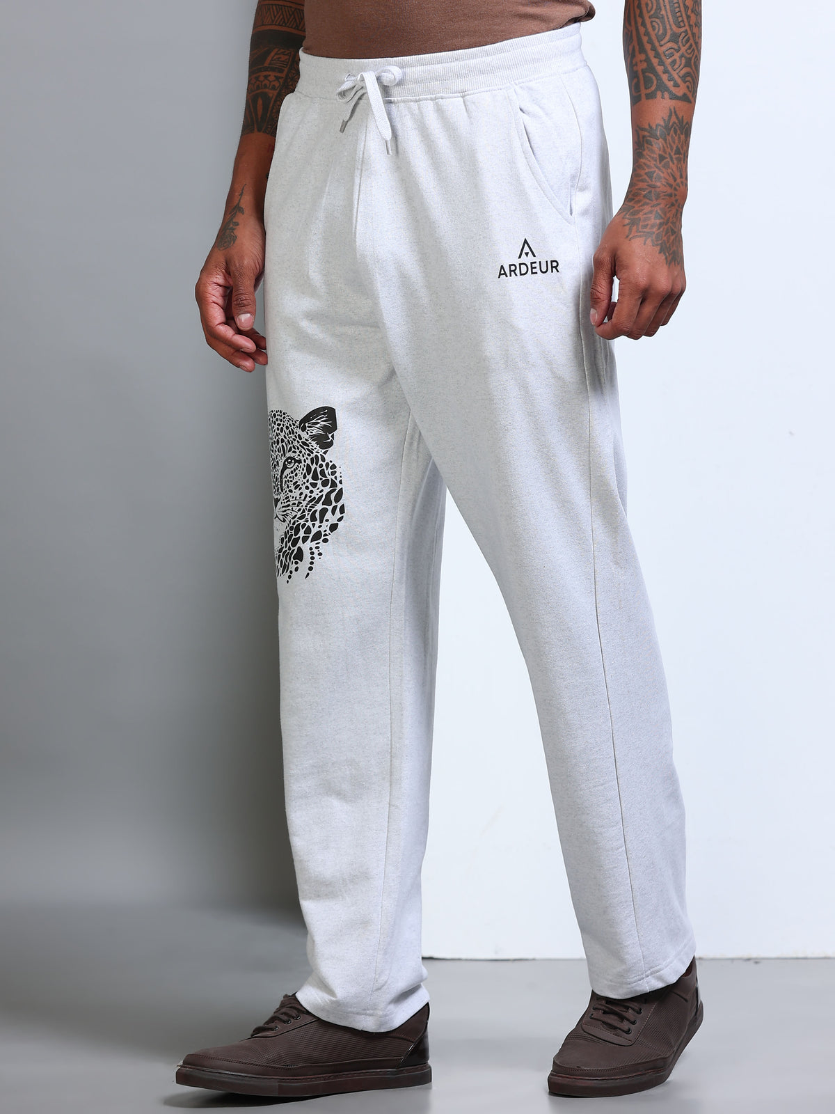 ARDEUR Men's Relaxed Fit Printed Track Pants - White Melange