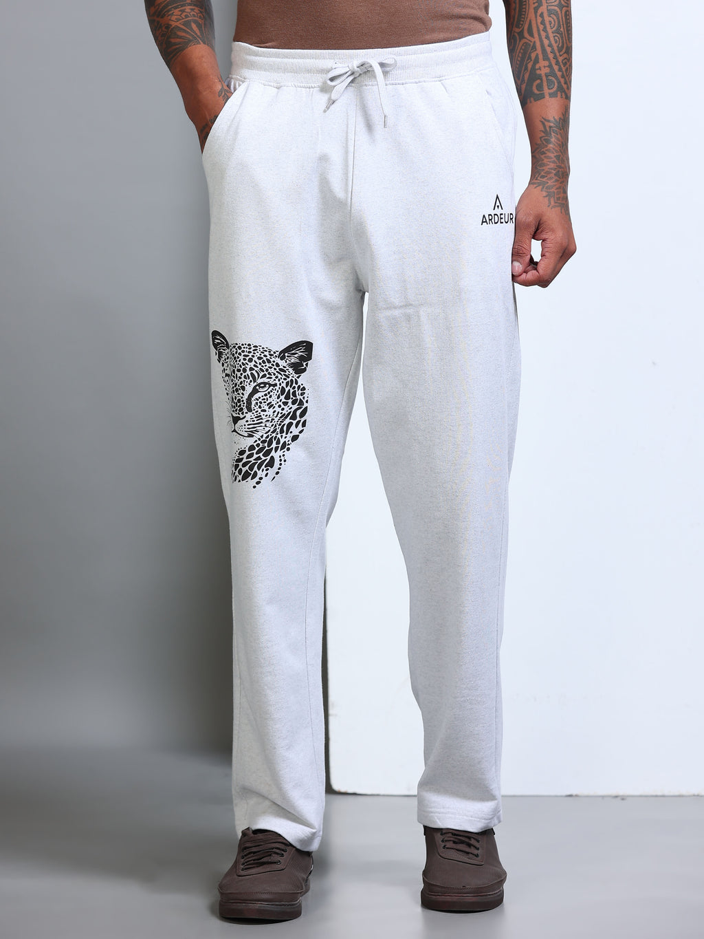 ARDEUR Men's Relaxed Fit Printed Track Pants - White Melange