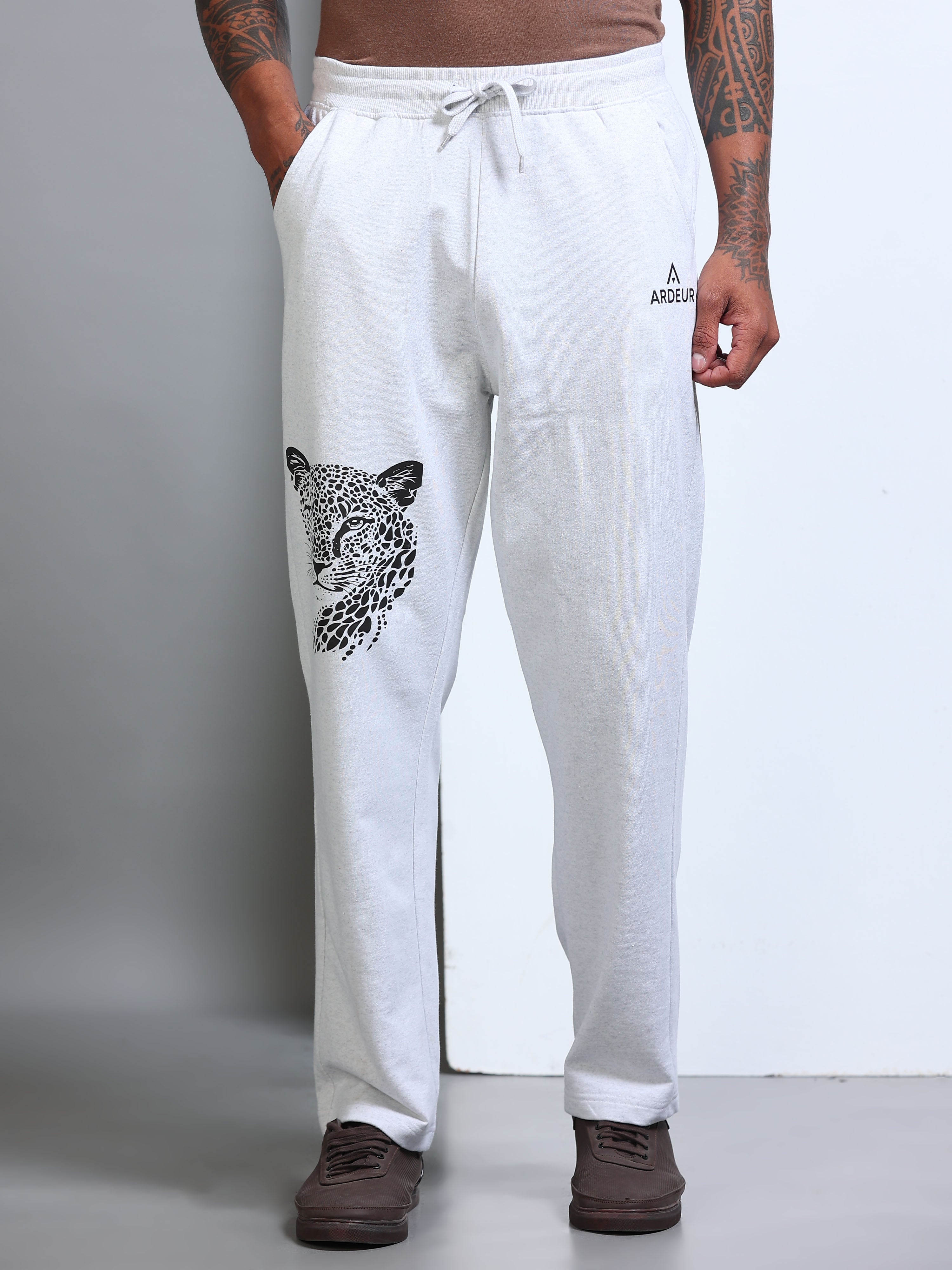 ARDEUR Men's Relaxed Fit Printed Track Pants - White Melange