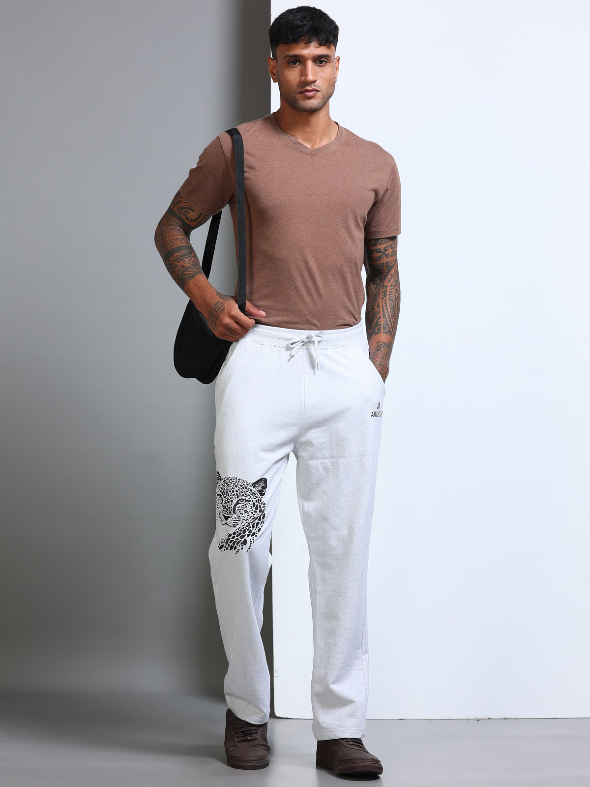 ARDEUR Men's Relaxed Fit Printed Track Pants - White Melange