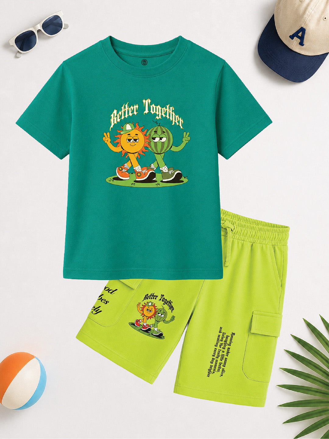 CODEZ Boys Relaxed Fit Printed T-Shirt & Cargo Shorts Set - Deep Teal & Green Glow