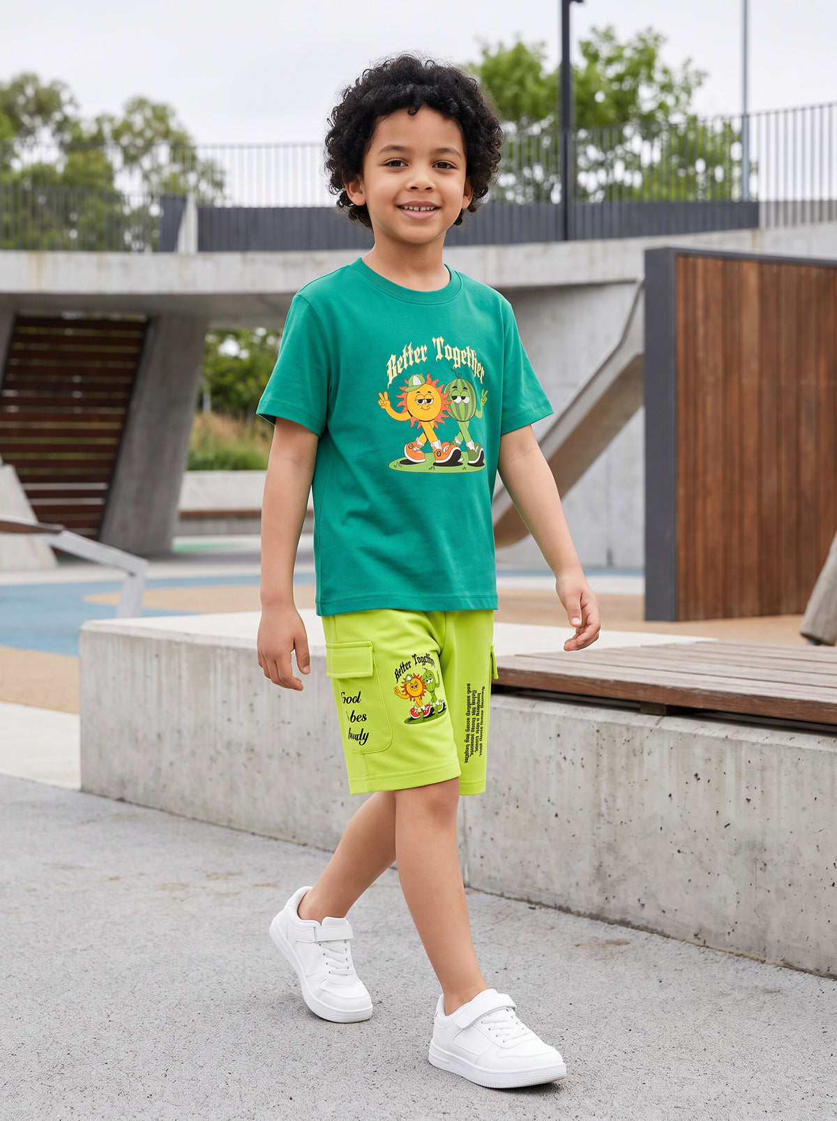 CODEZ Boys Relaxed Fit Printed T-Shirt & Cargo Shorts Set - Deep Teal & Green Glow