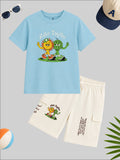 CODEZ Boys Relaxed Fit Printed T-Shirt & Cargo Shorts Set - Powder Blue & Bone White